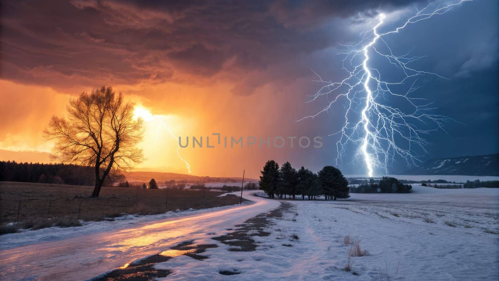 A breathtaking rural view captures a thunderstorm clashing with a setting sun, creating vibrant colors and lightning over fields. The winding road leads through contrasting weather conditions.