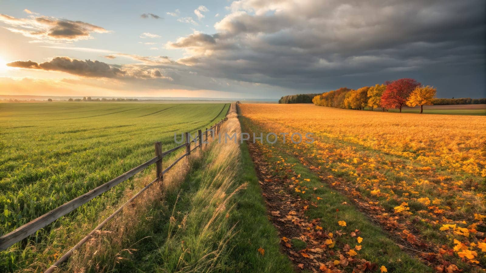 A stunning rural landscape showcases the transition from summer to autumn. Lush green fields give way to vibrant orange and yellow leaves under a dramatic sky at sunset.