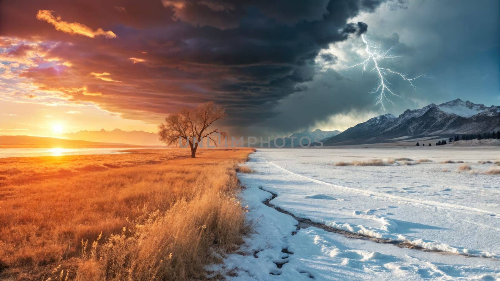 This captivating landscape showcases the shift from a sunny autumn day to a stormy winter evening. A single tree stands against the horizon, dividing golden fields and icy terrain.