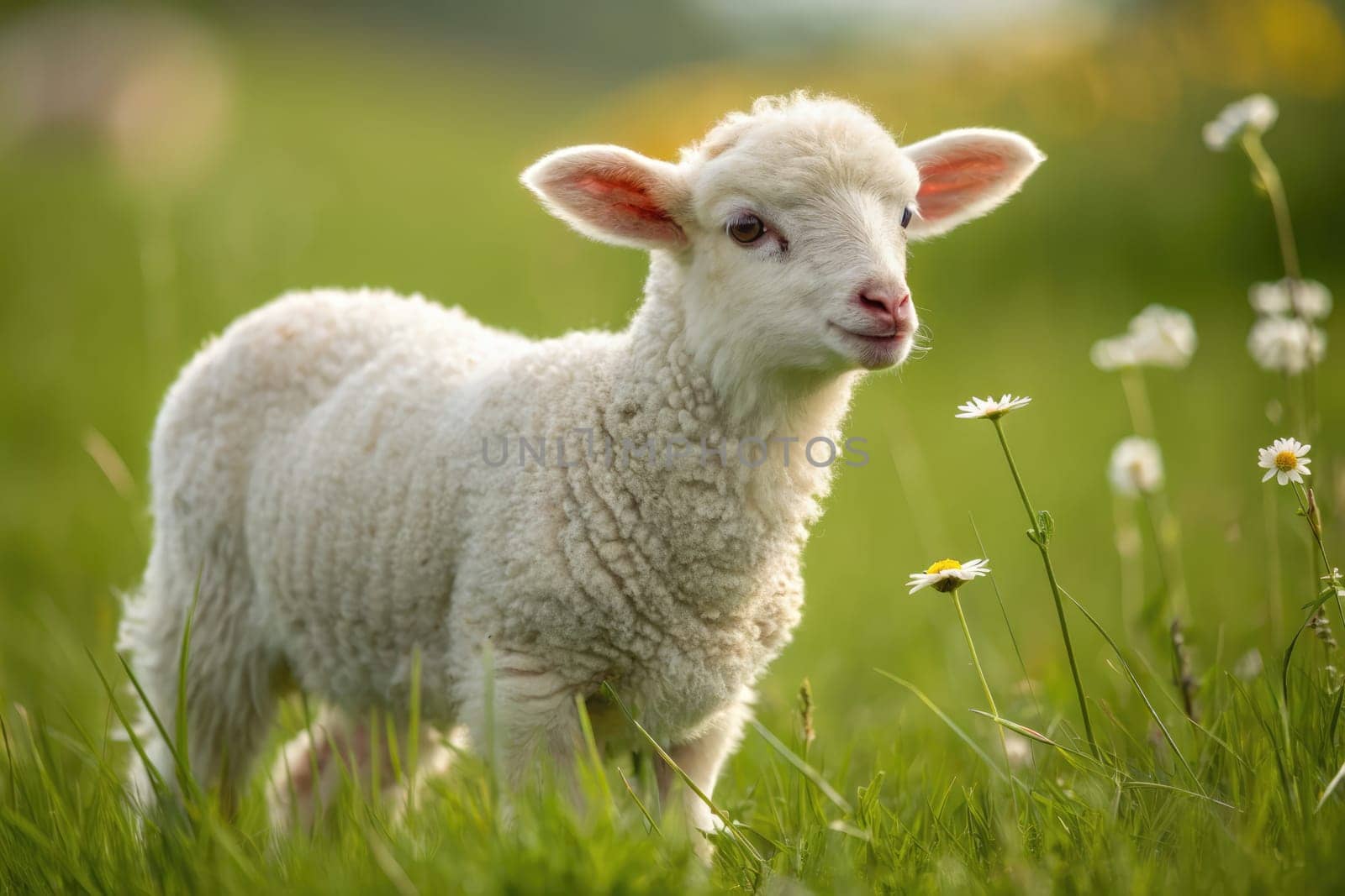 A young lamb joyfully explores a vibrant green meadow, surrounded by blooming wildflowers on a sunny day. Its fluffy white coat catches the warm light, embodying the essence of spring.