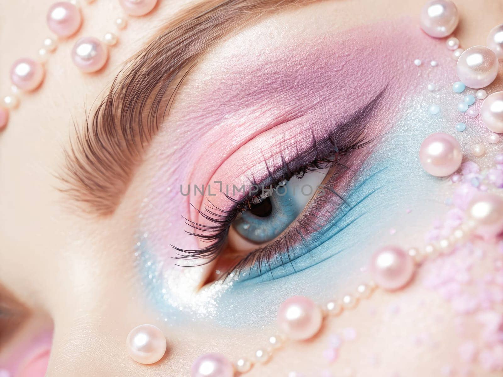 Close-up of a striking eye adorned with colorful makeup, showcasing shades of pink and blue. Pearls and decorative accents enhance the artistic flair, creating a captivating and imaginative look.