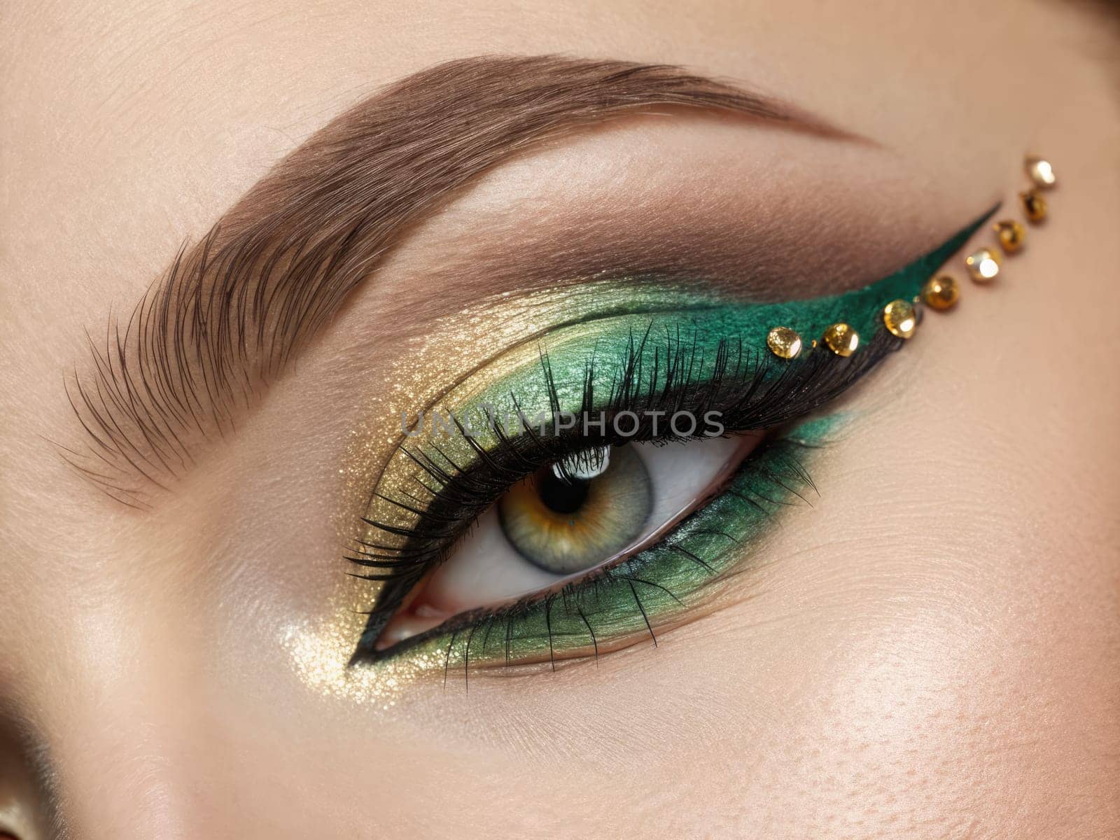 Vibrant emerald and gold eye makeup captures the essence of artistic beauty. Bold winged eyeliner and sparkling embellishments create a mesmerizing look perfect for special occasions.