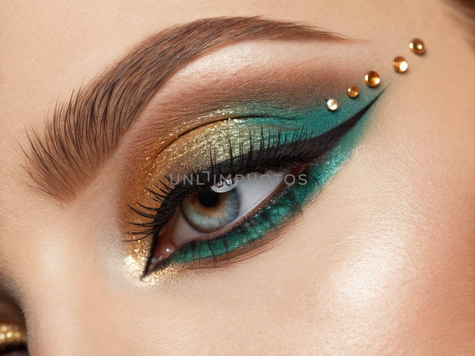 Close-up of a beautifully crafted eye makeup featuring shimmering gold and teal hues, enhanced with striking eyeliner. The intricate design is completed with decorative gems for added glamour.