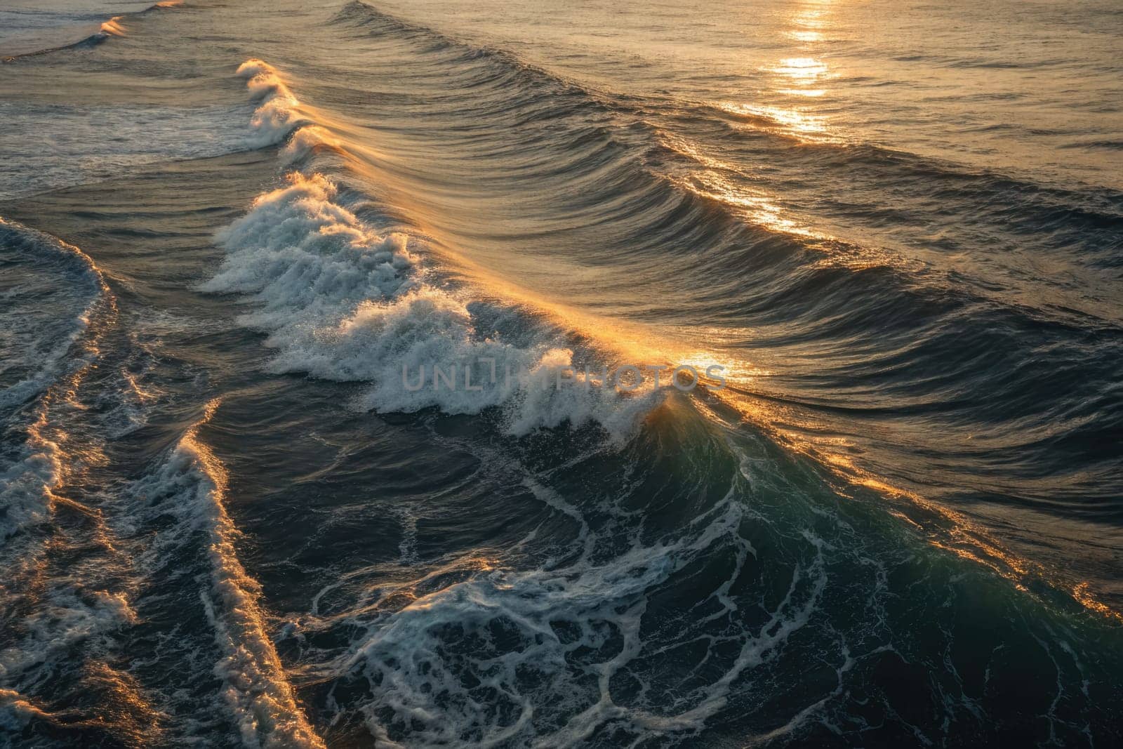Golden sunlight reflects off tumultuous waves, creating a lively dance of sparkling water along the peaceful shoreline. The sound of the ocean adds to the calm atmosphere.