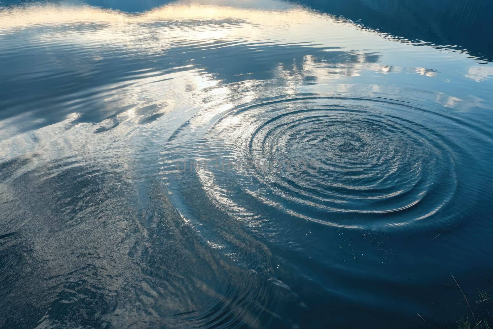 Soft ripples spread across a calm lake as clouds drift lazily above, painting a quiet moment at twilight. The serene water mirrors the beauty of the fading day, inviting contemplation.