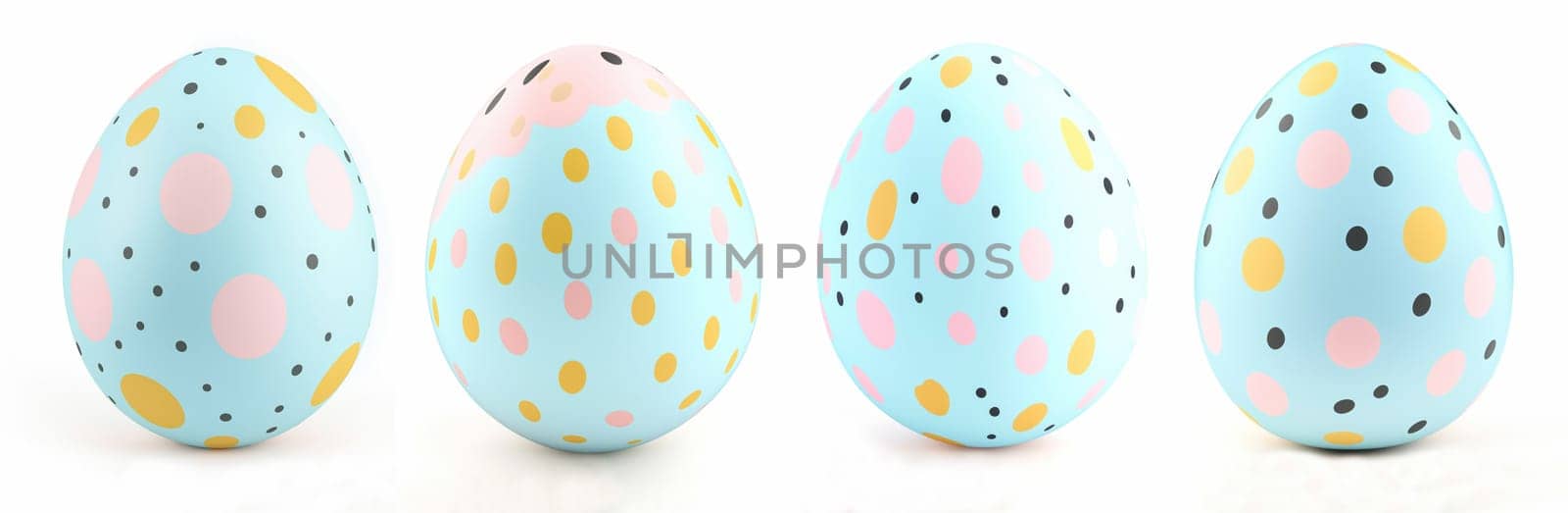 Brightly colored Easter eggs are displayed in a row, featuring playful dots and patterns in pastel shades. This festive decoration adds joy to the celebration of Easter traditions and gatherings.