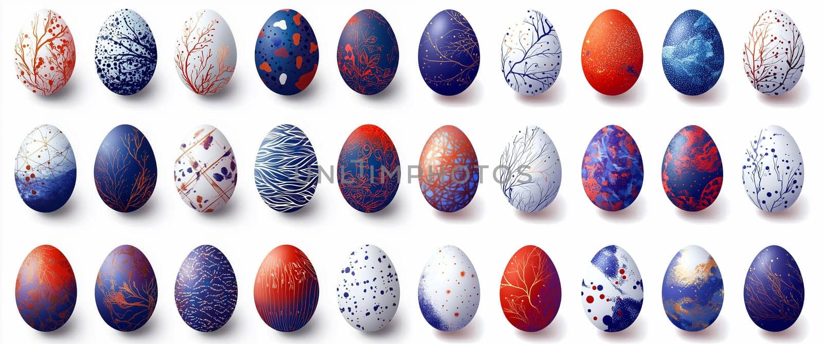 Beautifully decorated Easter eggs in various colors and patterns are showcased together, creating a vibrant display perfect for spring festivities or holiday gatherings.