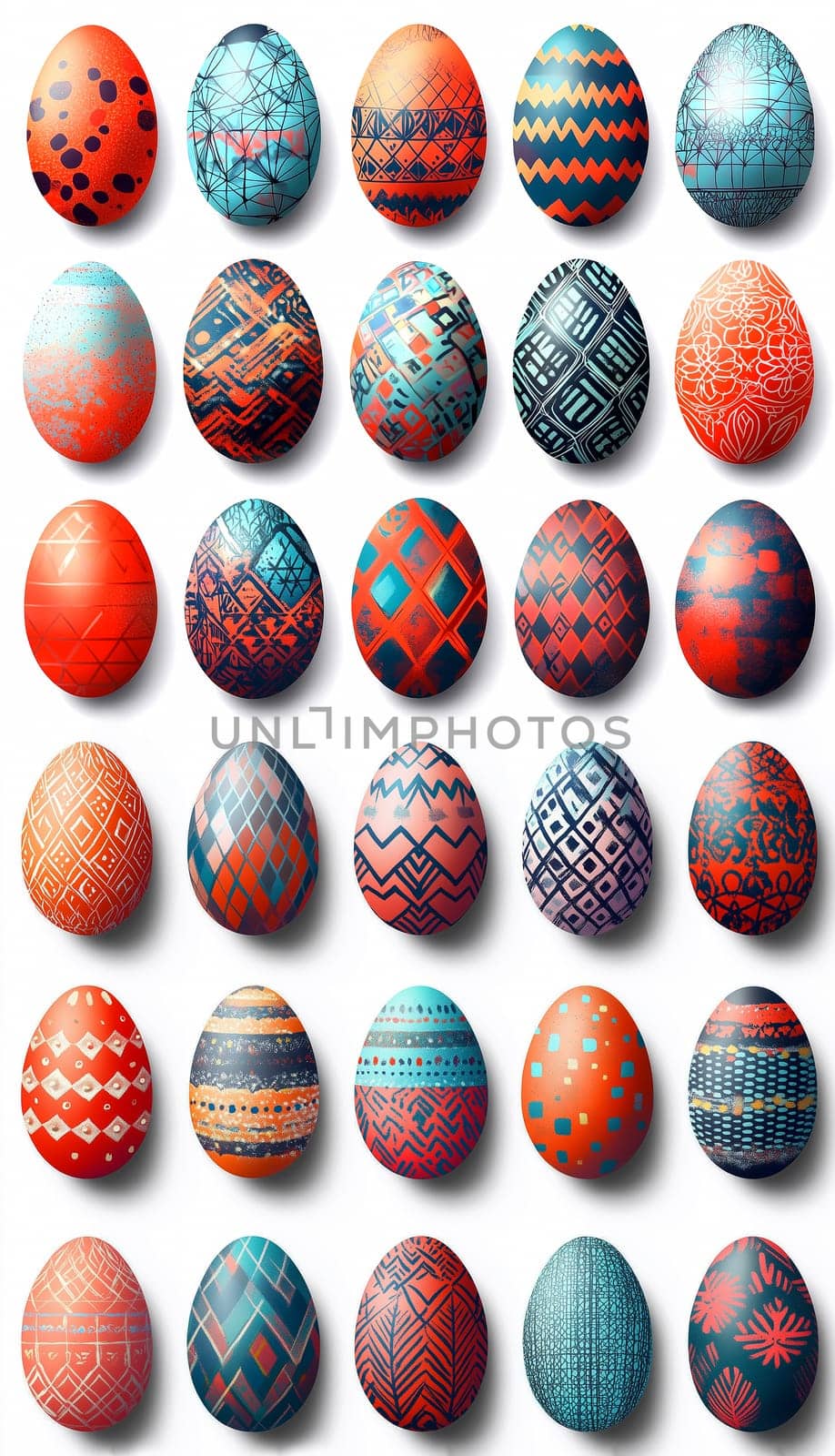 A vibrant display of decorated Easter eggs showcases various intricate patterns in bright colors. This festive arrangement highlights traditional springtime themes and holiday spirit.