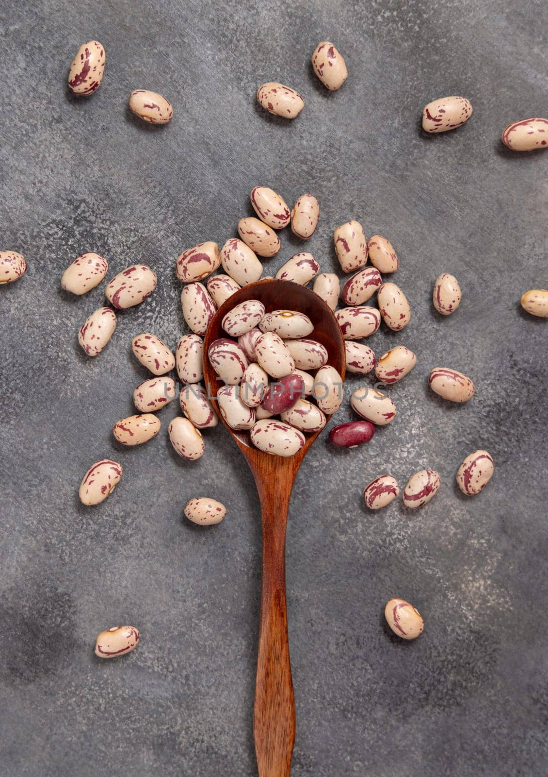 Wooden spoon full of dried pinto beans on gray table top view. Healthy vegetarian food, legumes protein source. Traditional Latin American cousin ingredient