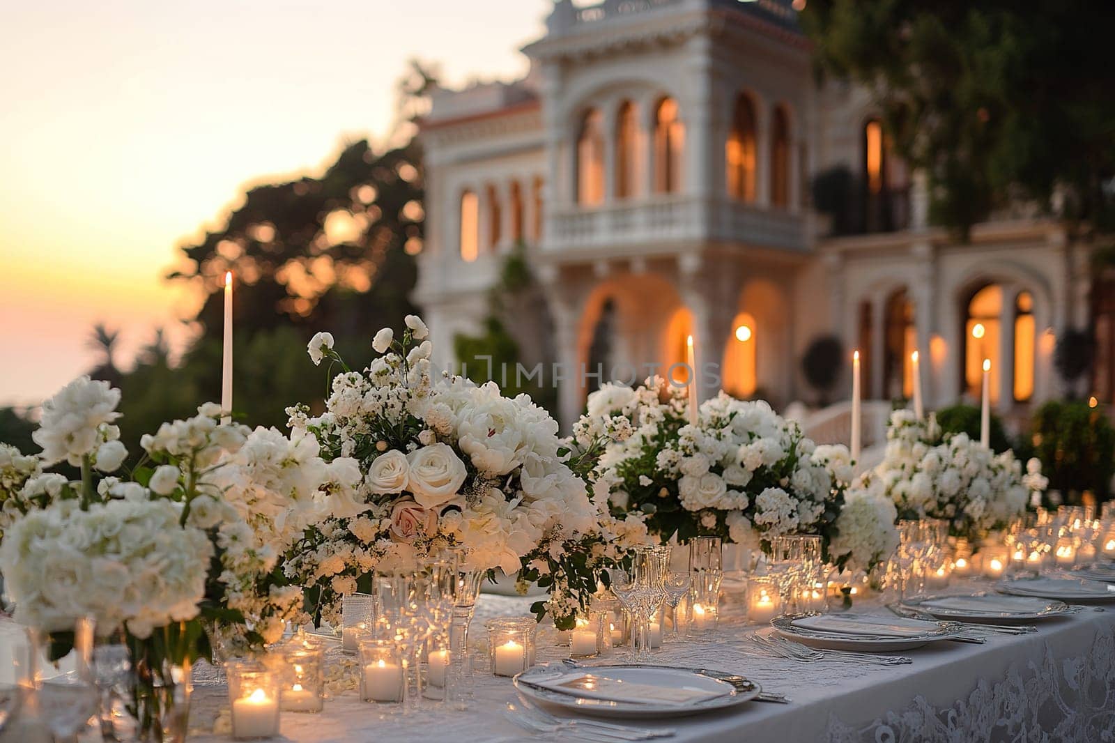 A beautifully decorated wedding table with white flowers and candles, set up in front of an elegant mansion at sunset. The background features the house's grand architecture and lush gardens.