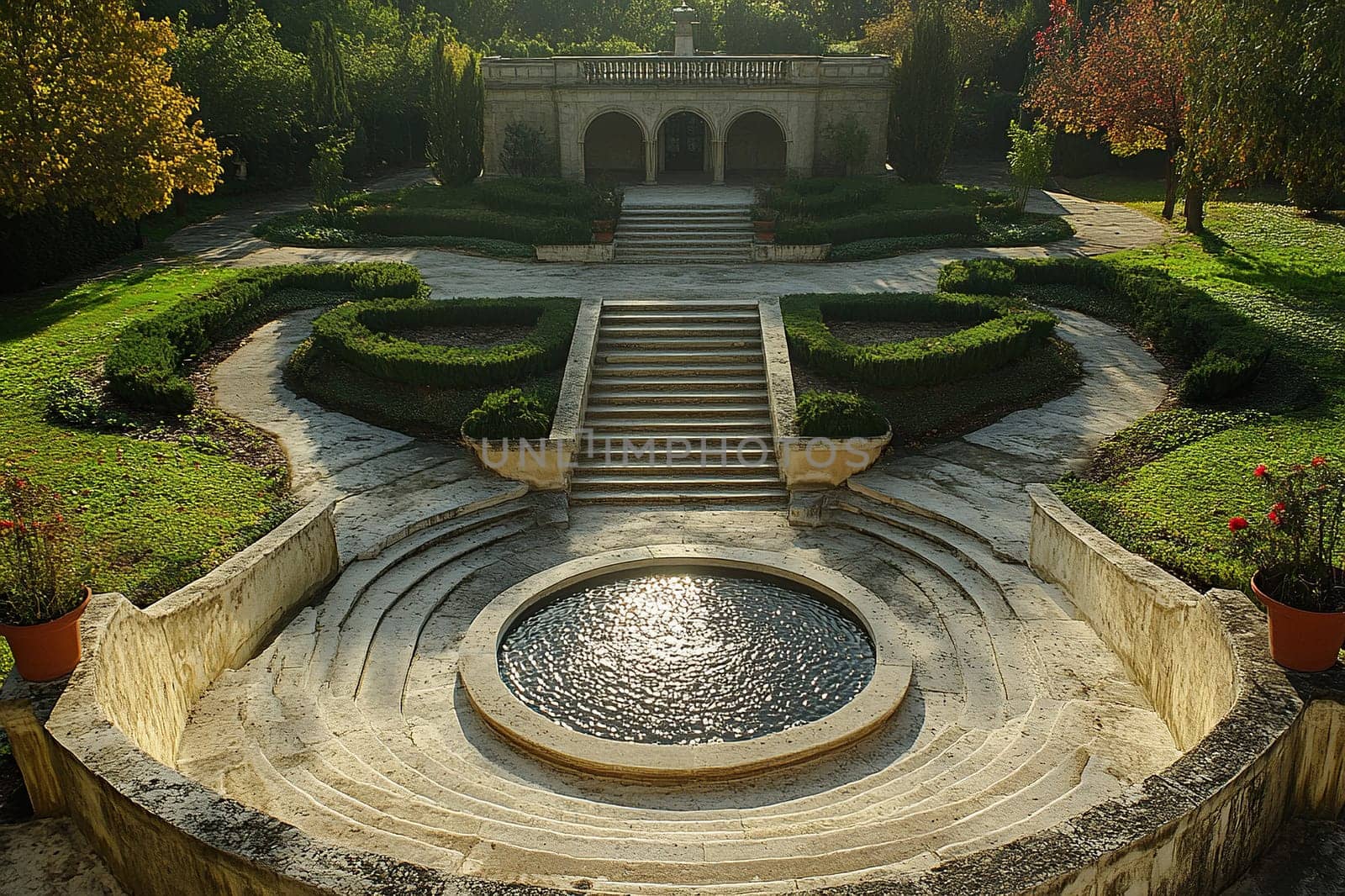 Ancient architecture with a fountain and steps surrounded by green gardens.