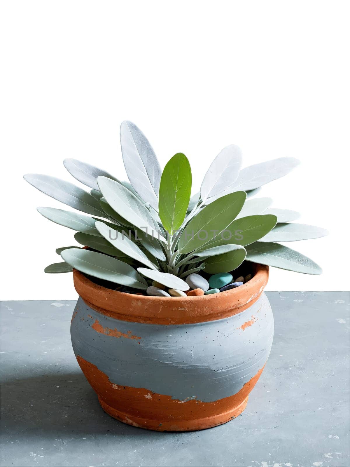 Sage Leaf, soft and grey-green, elegantly displayed in a rustic terracotta pot, surrounded by colorful stones, evoking a sense of