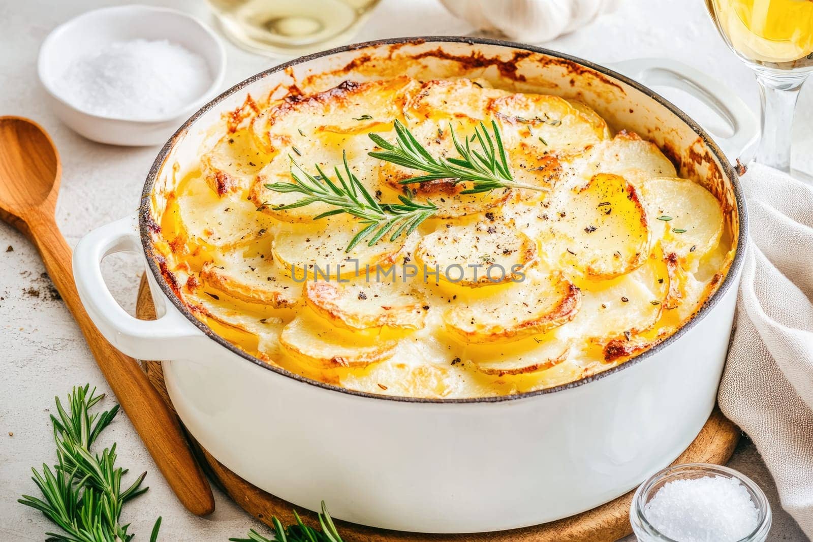 Creamy potato gratin bakes to perfection in a white dish. Fresh rosemary sprigs adorn the top, set on a rustic wooden board with wine and salt nearby.