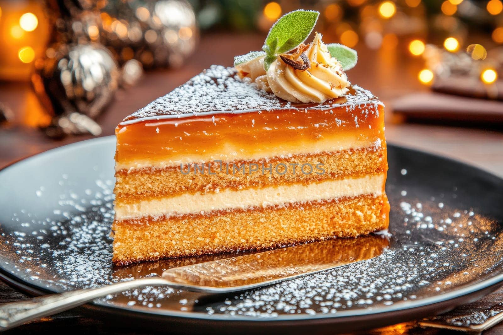 A beautifully presented slice of layered cake features a glossy glaze and creamy frosting. The cake sits on a black plate, surrounded by festive decorations and soft lighting.