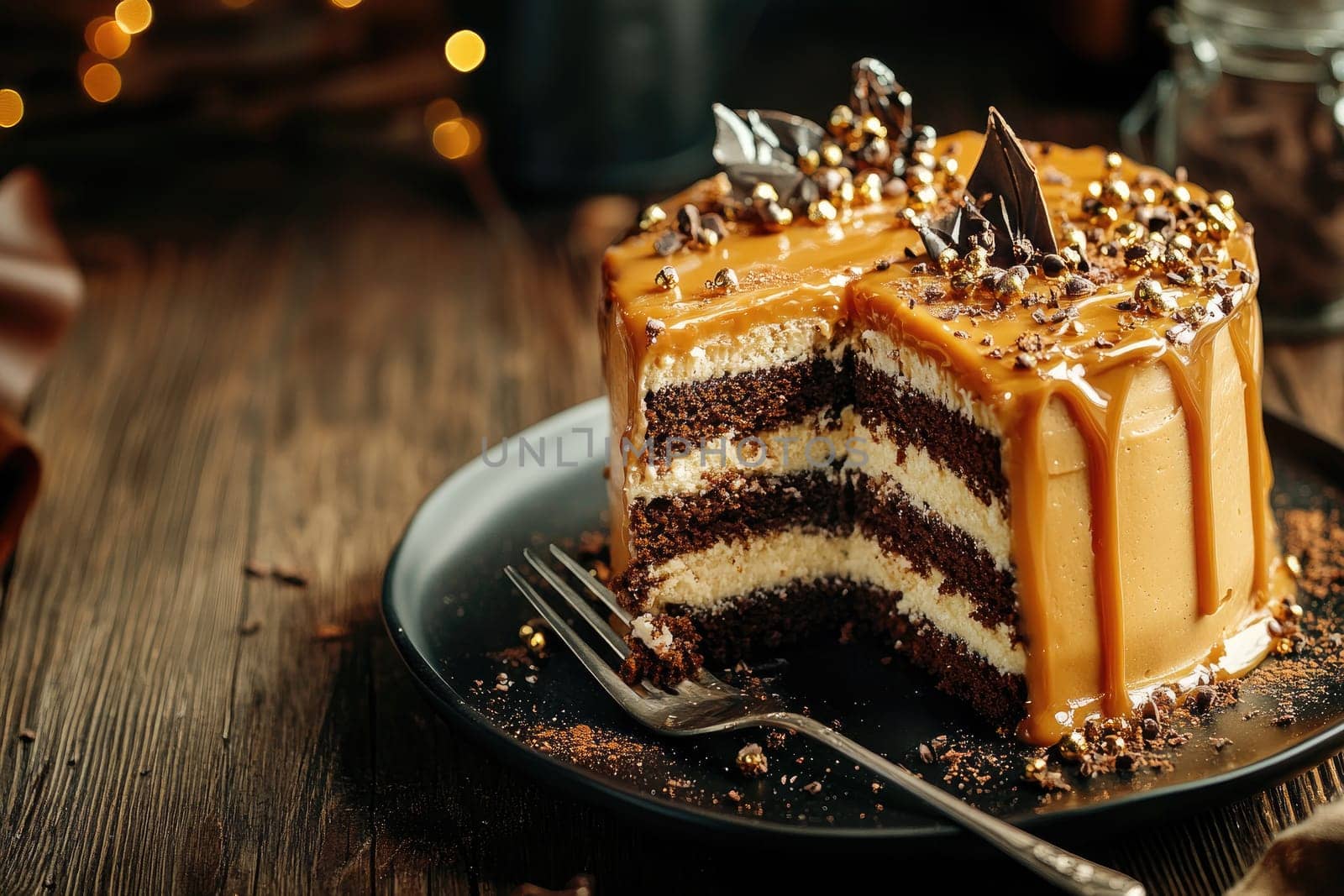 A rich chocolate cake layered with creamy filling and topped with caramel drizzles and crushed nuts sits on a dark plate. Soft lighting enhances the warm cafe atmosphere.