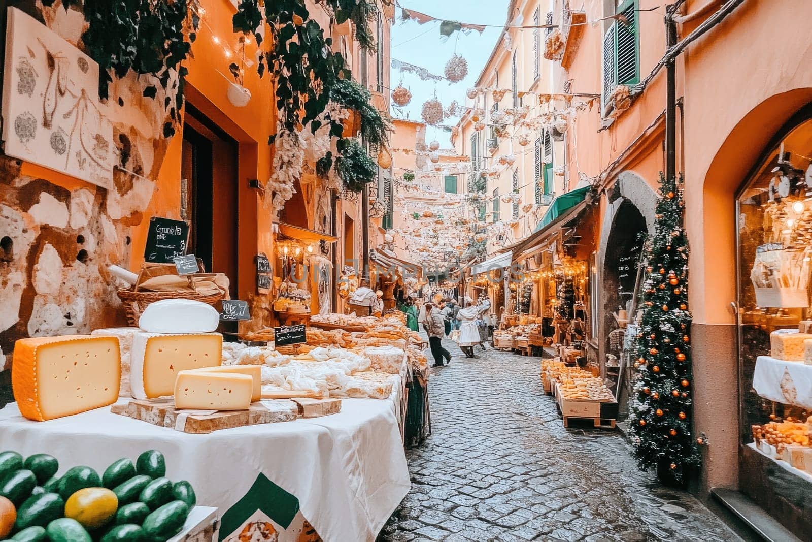 A vibrant street market filled with various cheeses and local produce is bustling with activity amidst beautifully decorated shops and hanging lights.