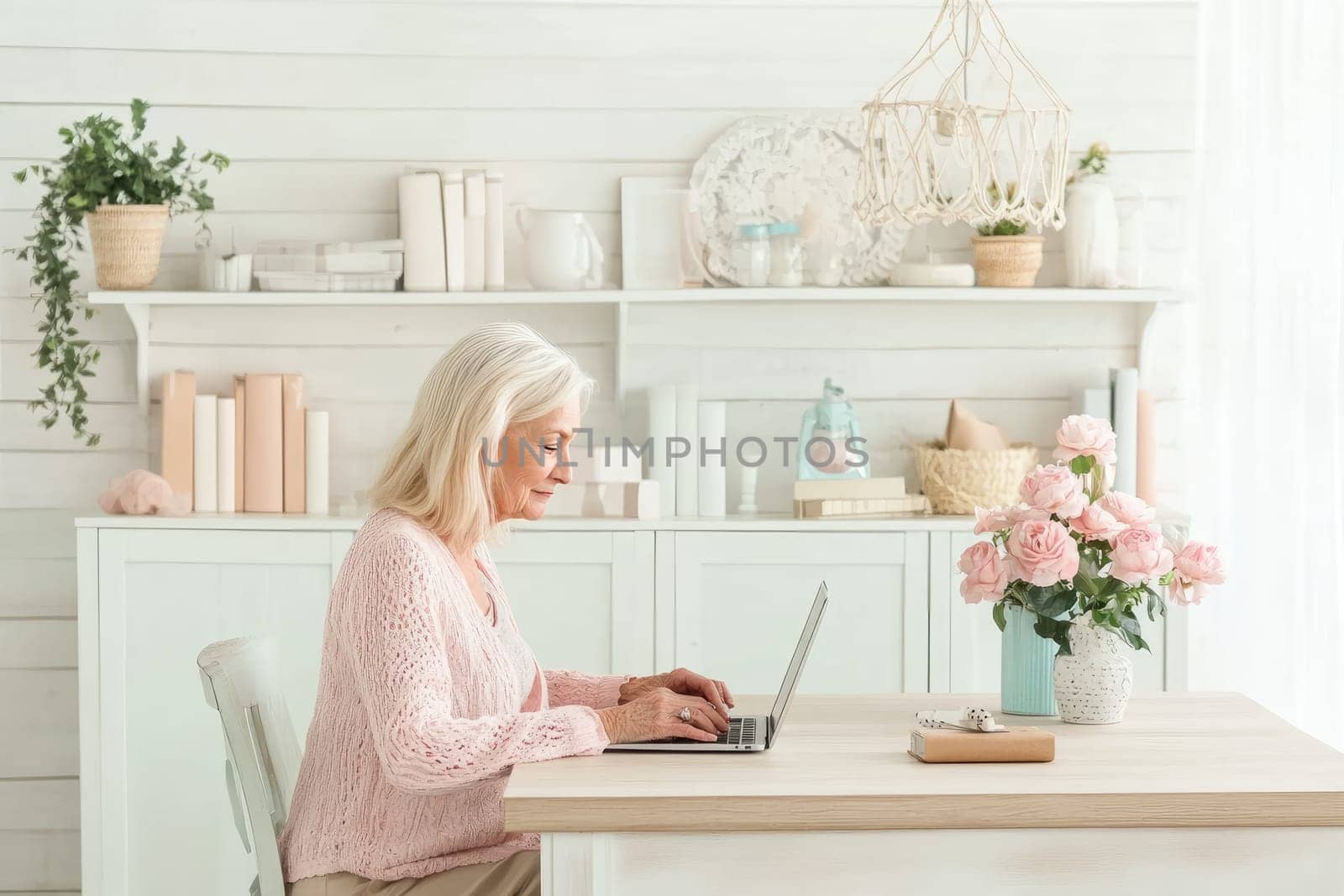 An elderly woman sits at a stylish wooden desk, focused on her laptop in a well-decorated home office. Soft pastel colors and a vase of roses enhance the serene atmosphere.