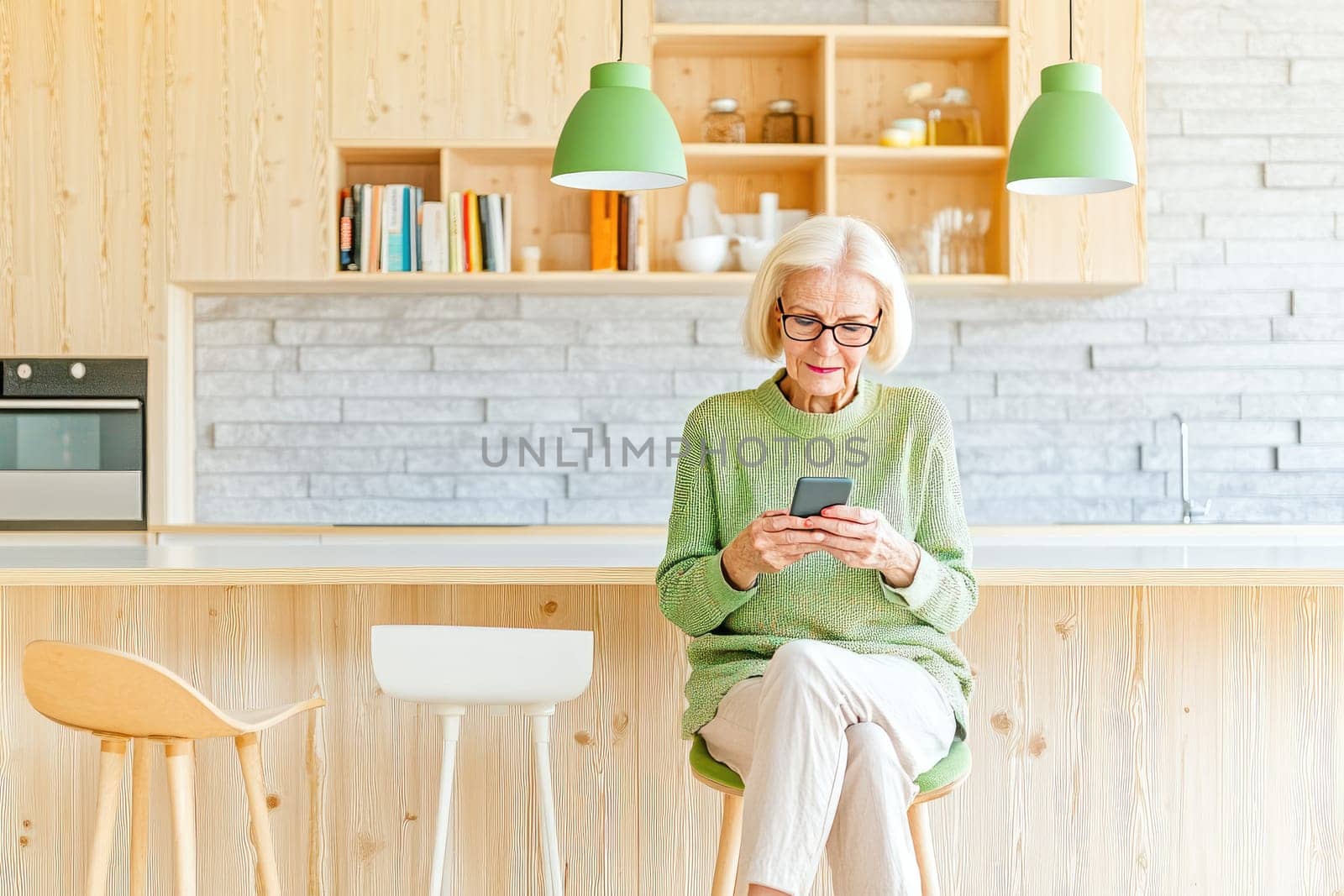 An older woman sits on a stool in a contemporary kitchen, absorbed in her smartphone. Bright green lamps illuminate the warm wooden space filled with plants and books.