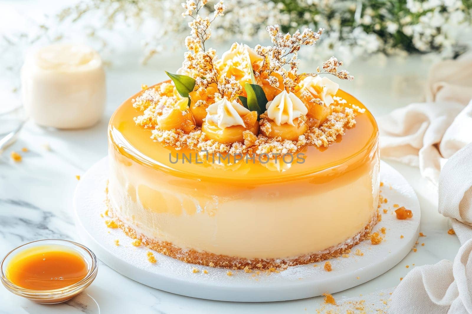 A beautifully designed cake sits elegantly on a marble surface, topped with fresh fruits, cream, and decorative flowers. Soft natural lighting enhances its appealing look in a cozy kitchen.
