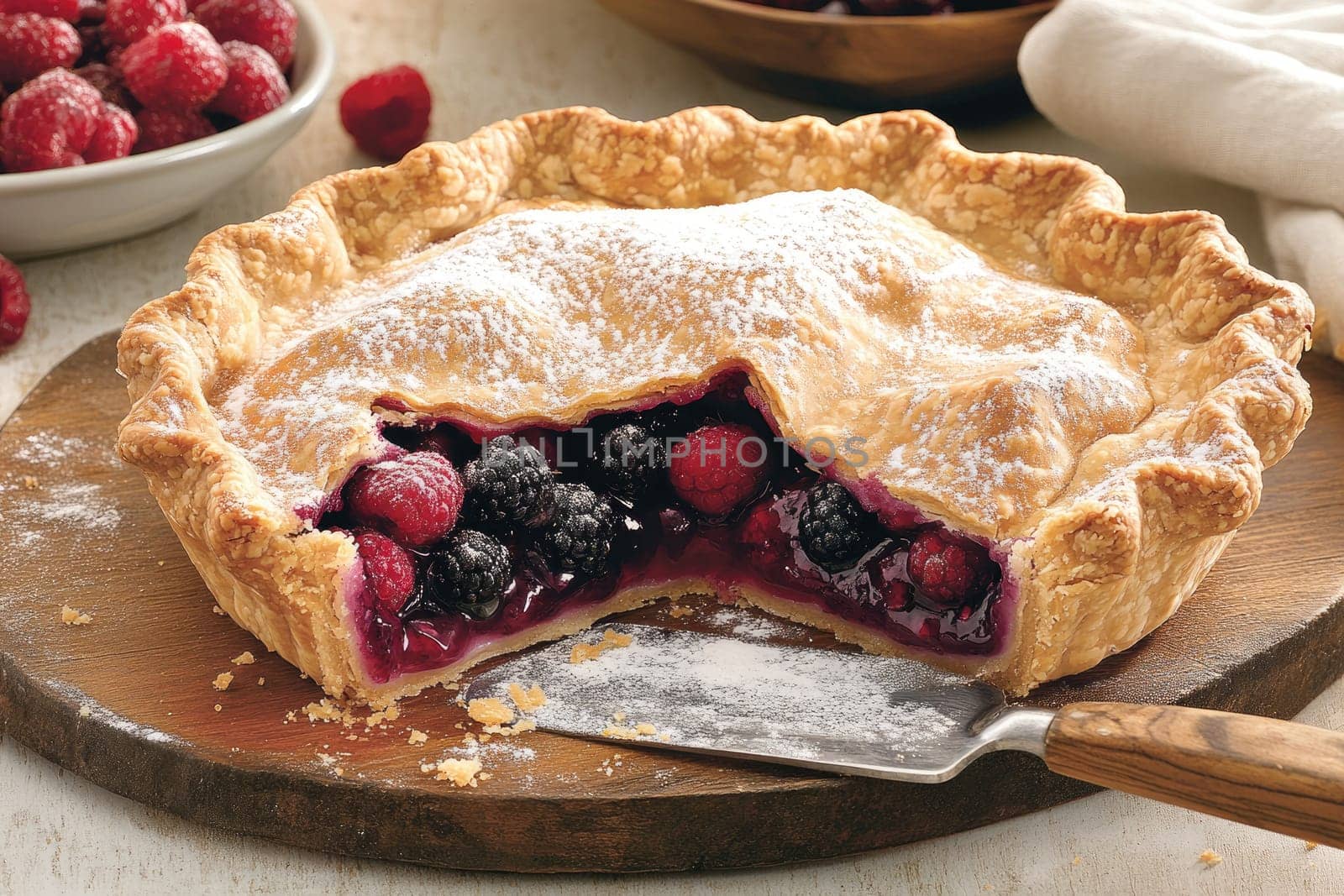 A freshly baked berry pie sits on a wooden board, revealing its juicy blackberry and raspberry filling. Raspberries are placed nearby, adding a vibrant touch to the scene.