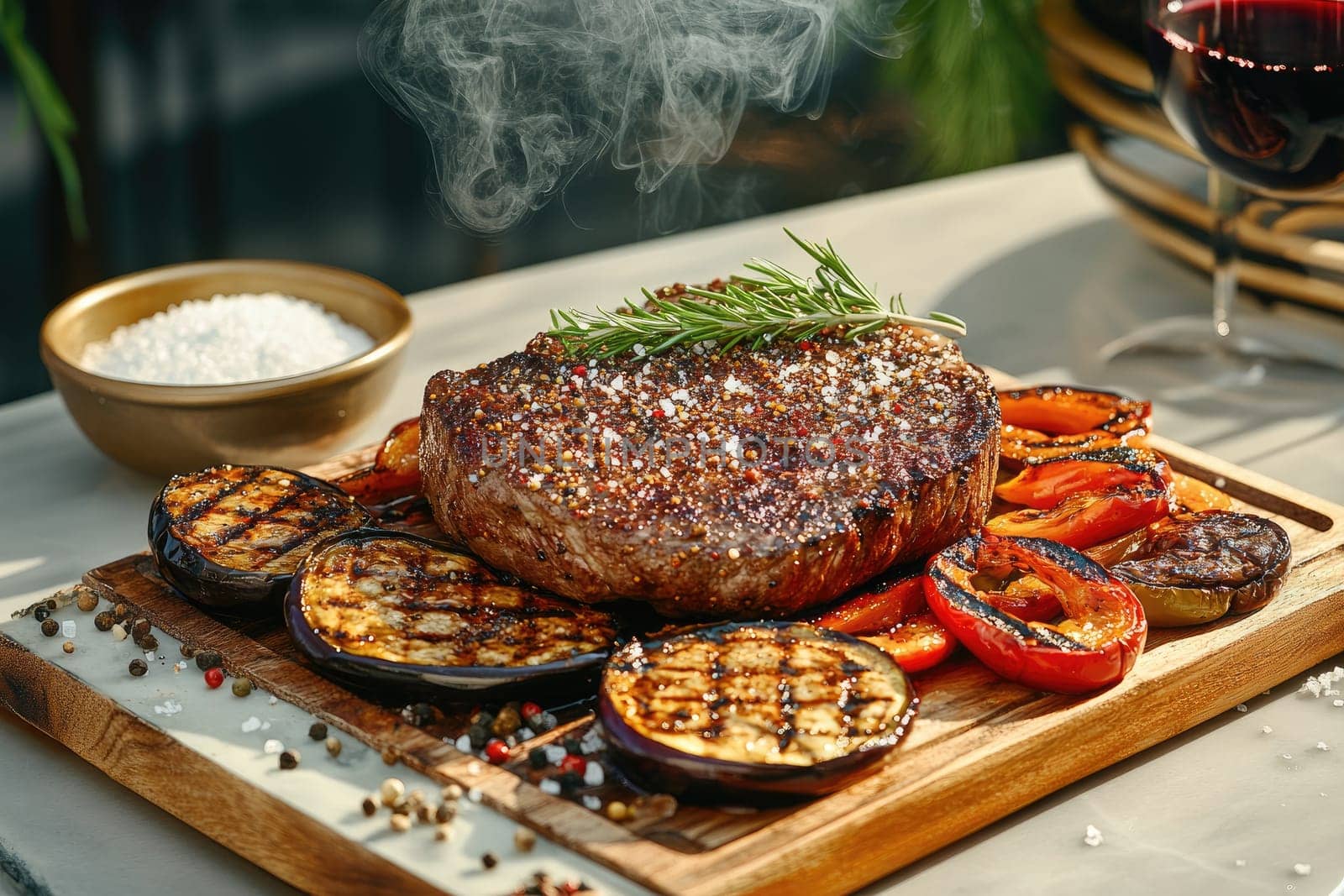 Juicy steak seared to perfection sits atop a wooden board alongside grilled vegetables. Aromatic herbs enhance the dish, creating a cozy outdoor dining experience.