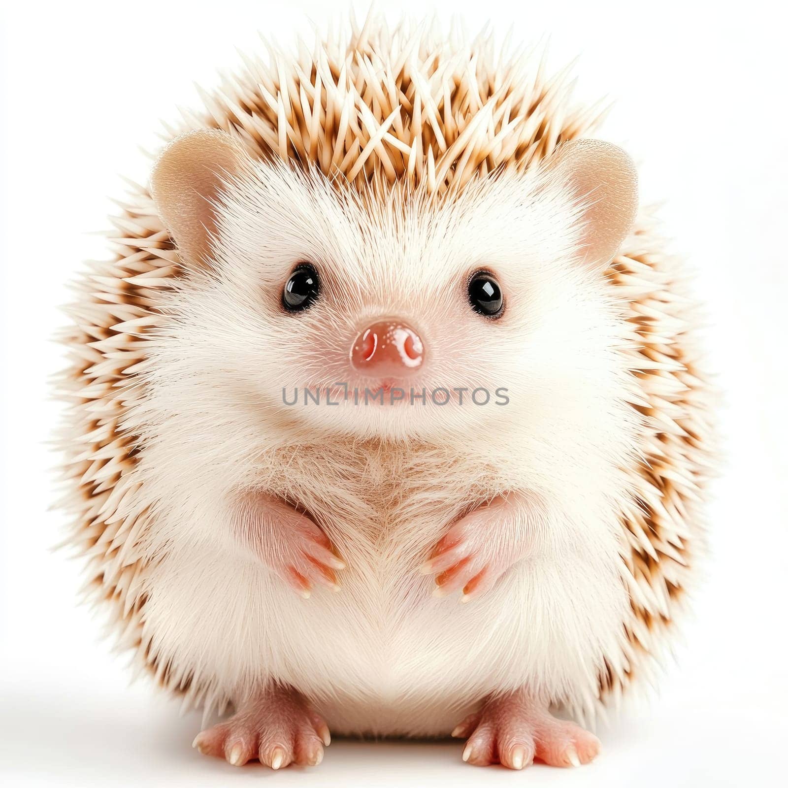A small hedgehog with soft, light-colored fur sits calmly, showcasing its tiny paws and bright eyes. The creature has a round shape and a curious expression, creating an adorable moment.