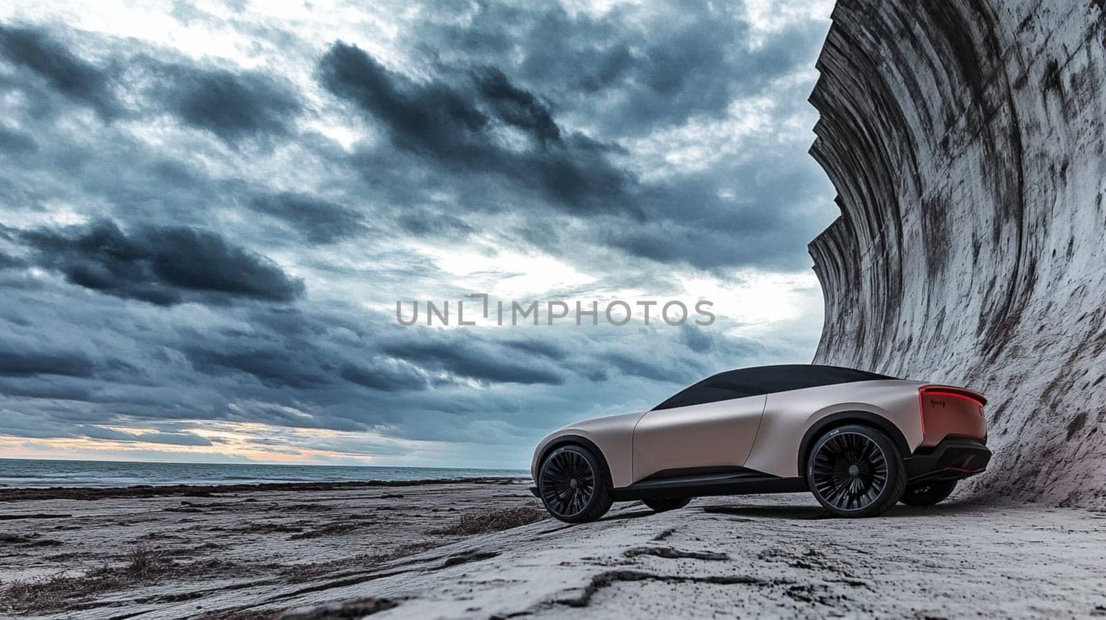 Modern electric suv is parked on the beach, seeking shelter from a dramatic, cloudy sky that hints at an approaching storm