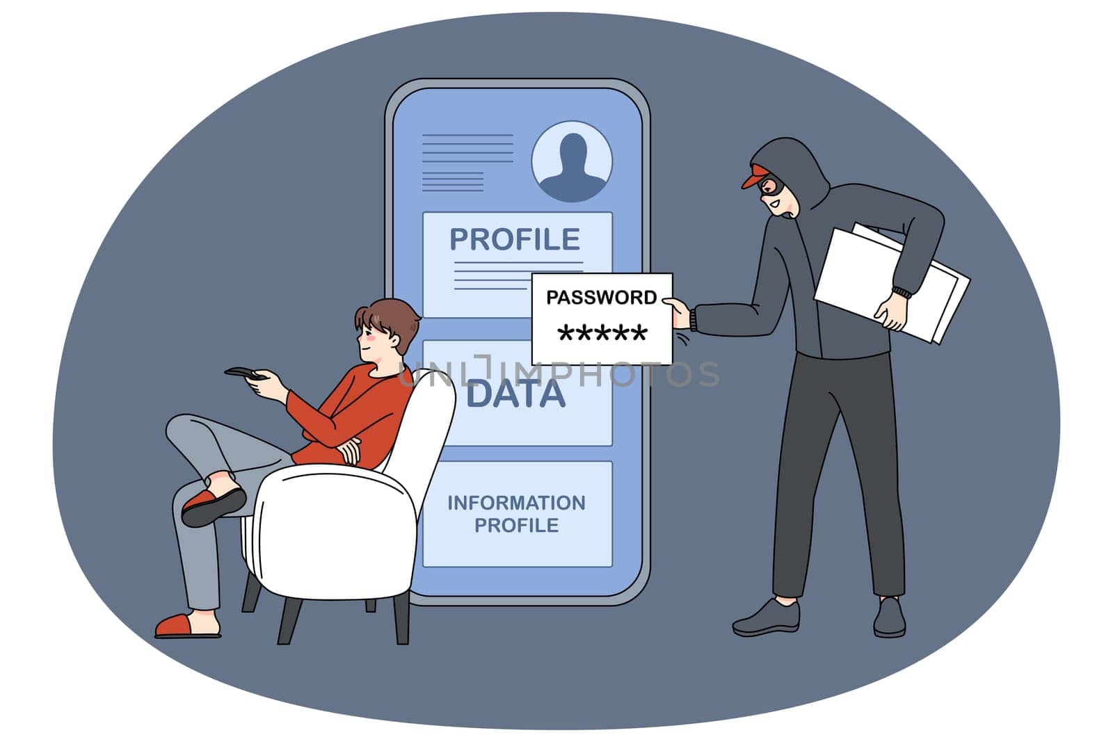 Hacker steal confidential information from person personal account. Digital money theft attack male client application, get username and password. Phishing and bank fraud. Vector illustration.
