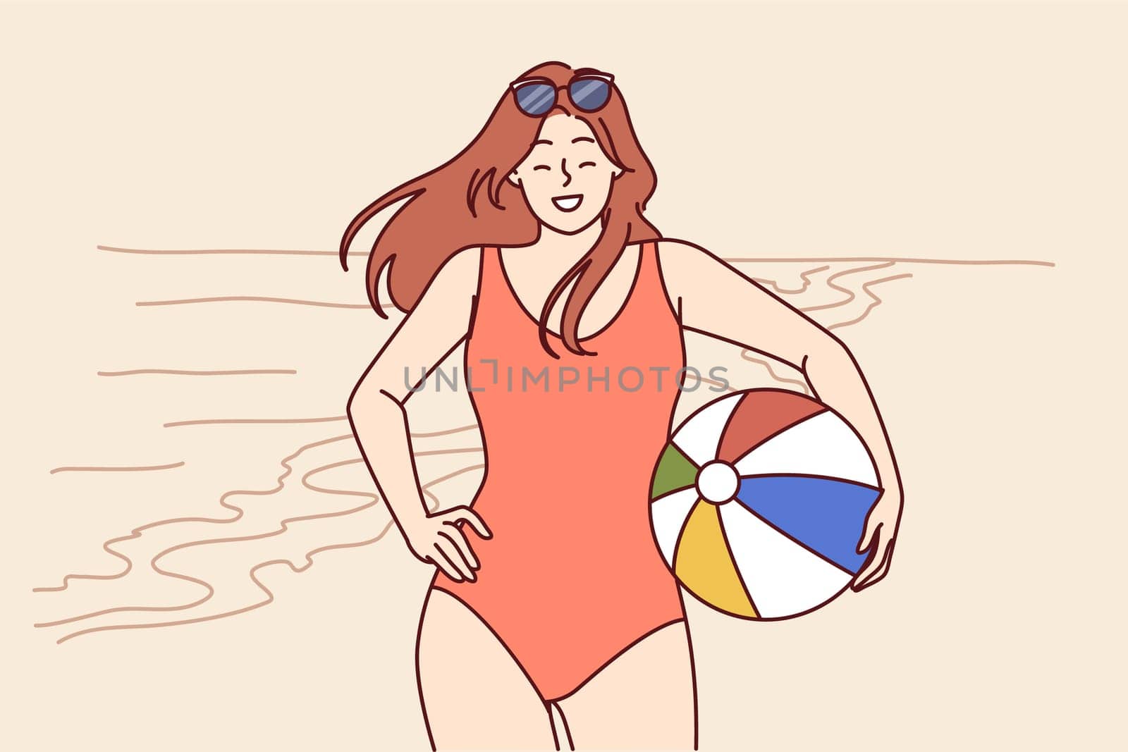 Woman in swimsuit with ball for beach volleyball stands on seashore enjoying summer vacation in tropical resort. Girl tourist smiles posing on beach near ocean and invites you to go on joint tour