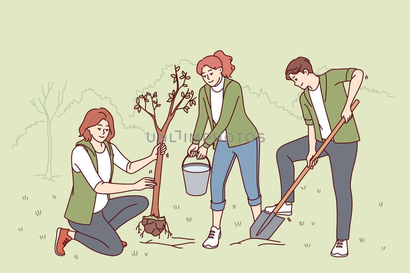 Volunteers plant trees in park and water seedlings to save nature from co2 emissions and climate change. People with paw and bucket for planting trees helping ecology recover after deforestation
