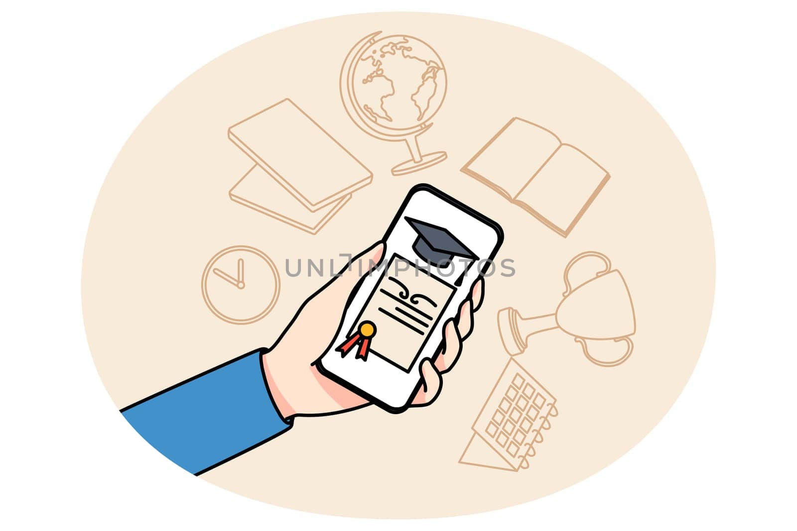 Person holding cellphone with virtual diploma graduate university on web. Student finish online studying or courses. Remote education concept. Flat vector illustration.