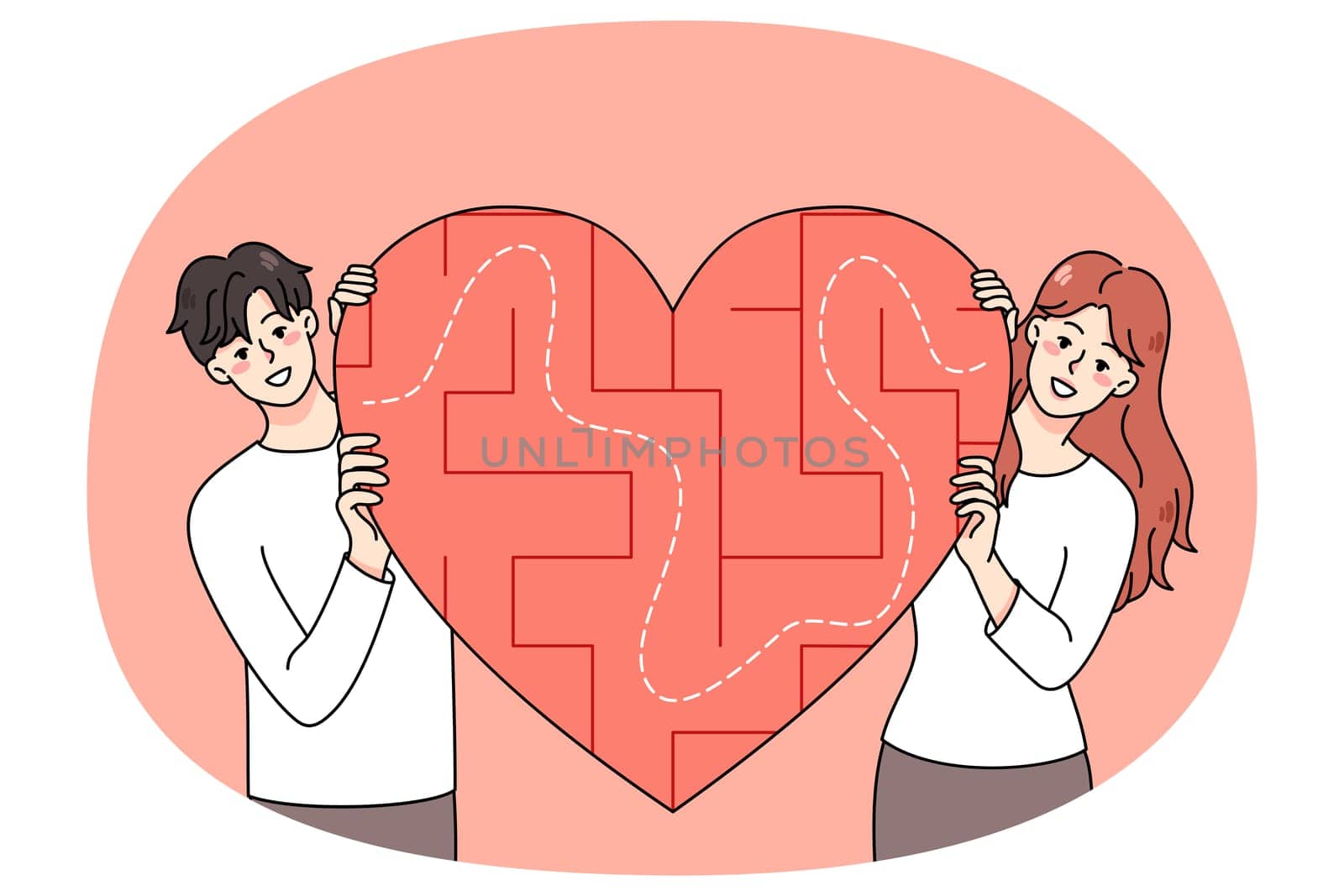 Happy young couple with heart symbol with labyrinth inside search love. Smiling man and woman look for relationships. Dating application and service. Flat vector illustration.
