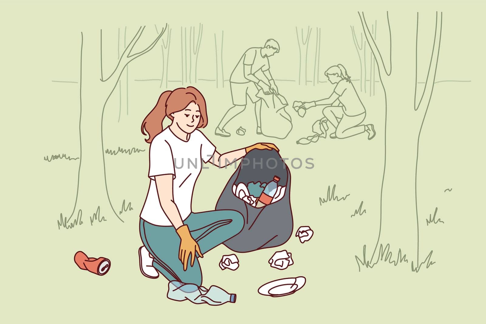 Woman volunteer collects garbage in bag, cleaning park from plastic non-degradable waste. Girl volunteer defender of wildlife is in forest picking up bottles and waste from ground.