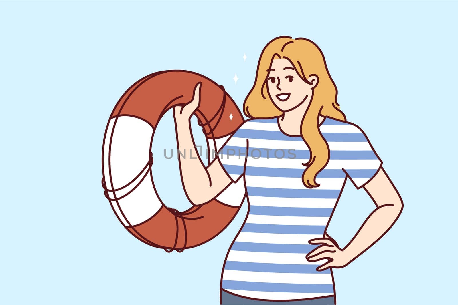 Lifeguard woman with lifebuoy smiles guaranteeing safety of pool visitors or people relaxing on seashore. Girl in sailors vest demonstrates lifebuoy to rescue those who have fallen overboard
