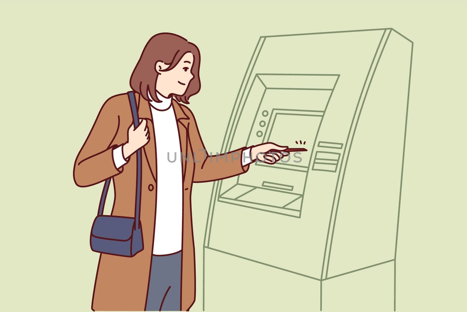 Woman uses atm to withdraw cash from credit card for shopping in stores or paying for services. Woman stands near atm, wanting to check amount of money in account or replenish deposit.
