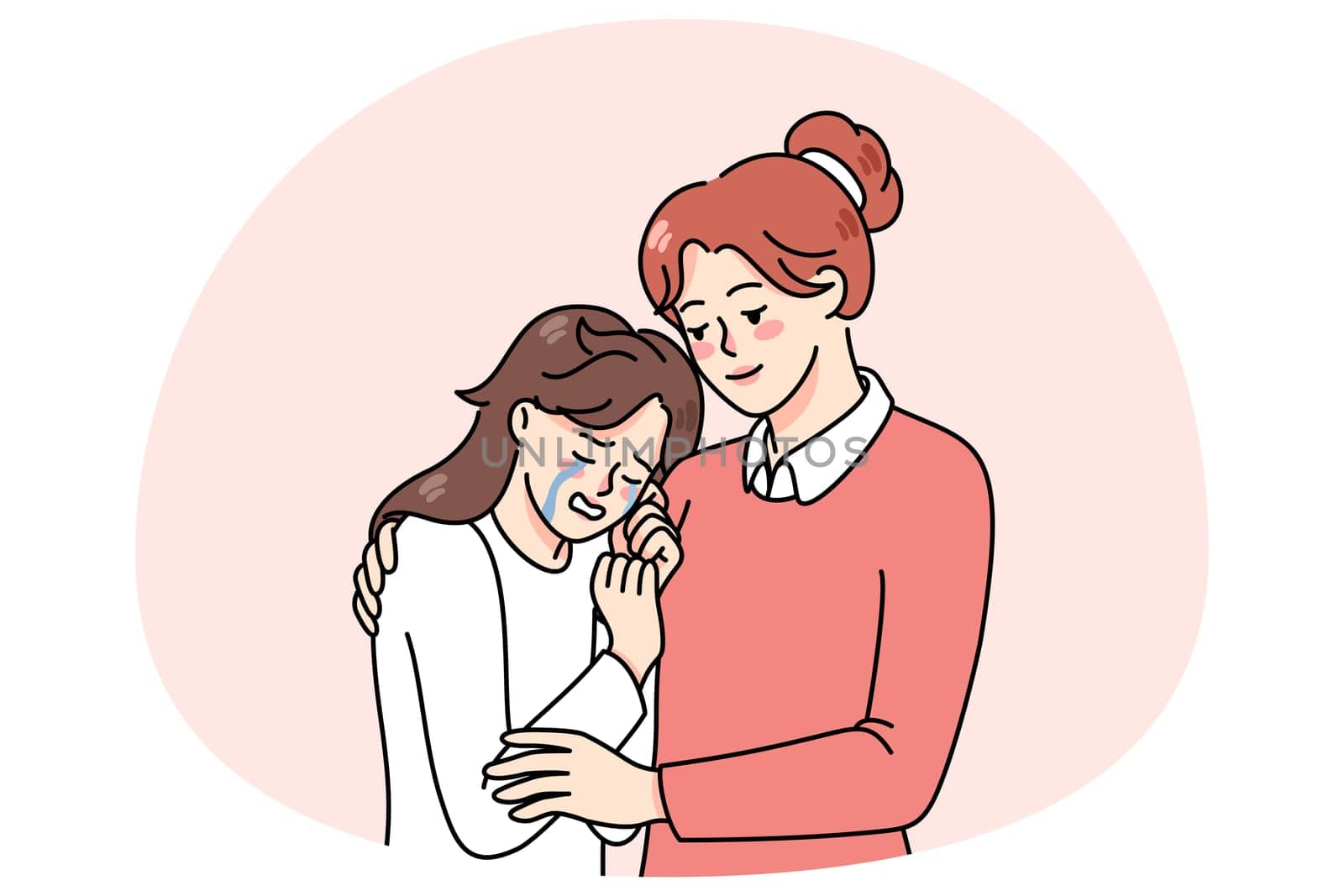 Loving mother hug comfort unhappy crying teen daughter. Caring woman psychologist or therapist embrace caress small girl child show compassion and kindness. Vector illustration.