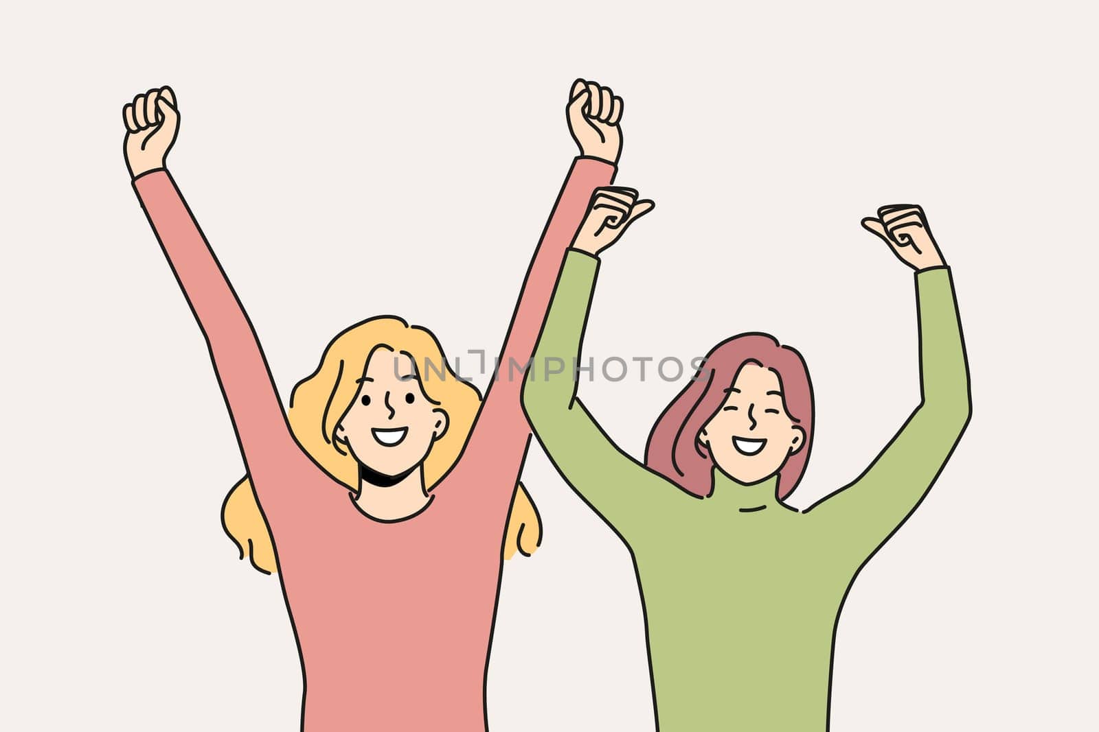 Overjoyed women have fun raising hands up in air. Smiling girlfriends feeling triumphant and euphoric cheering or encouraging. Vector illustration.