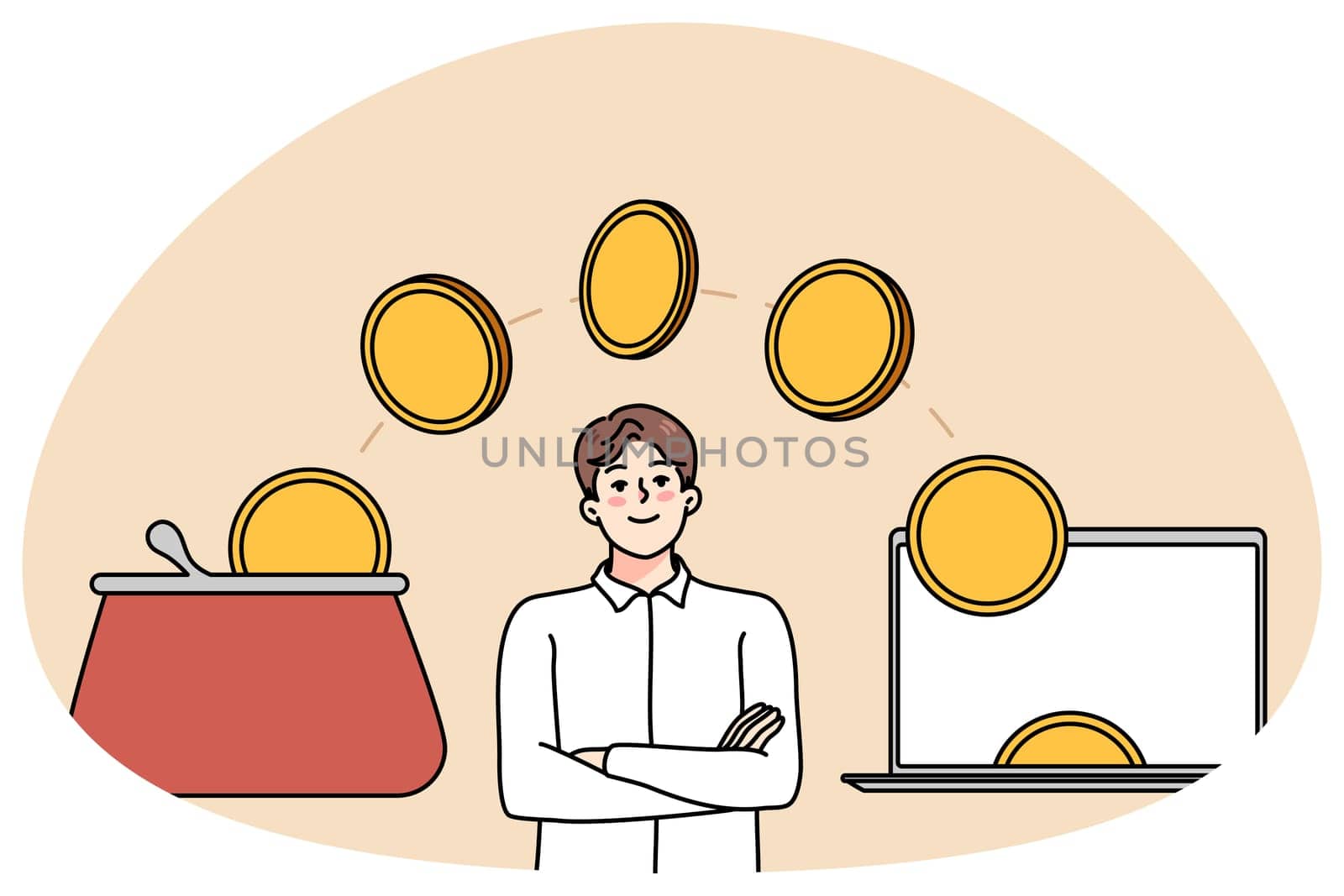 Man looking at golden coins flying from laptop to wallet. Concept of online income and banking. Easy internet bank account. E-commerce and finances. Vector illustration.