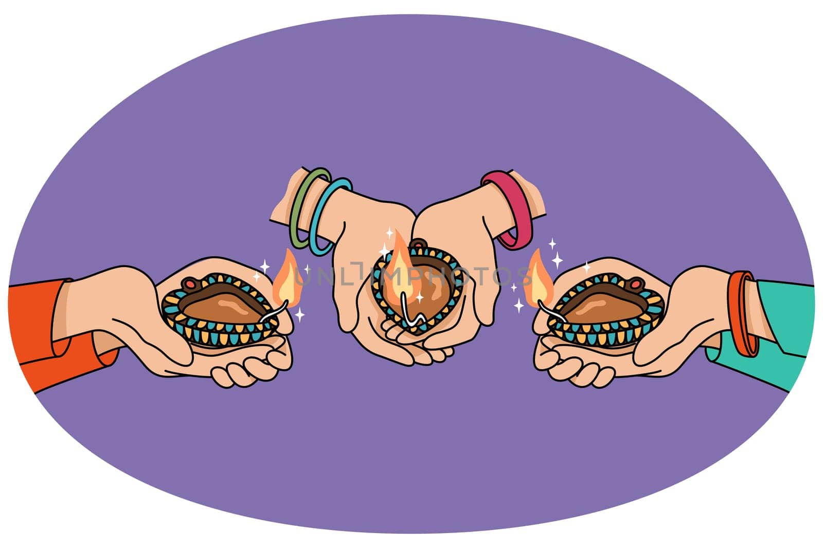 Closeup of people holding oil lamps celebrate traditional indian event. Hands with candles on Diwali festival in India. Culture and diversity concept. Vector illustration.