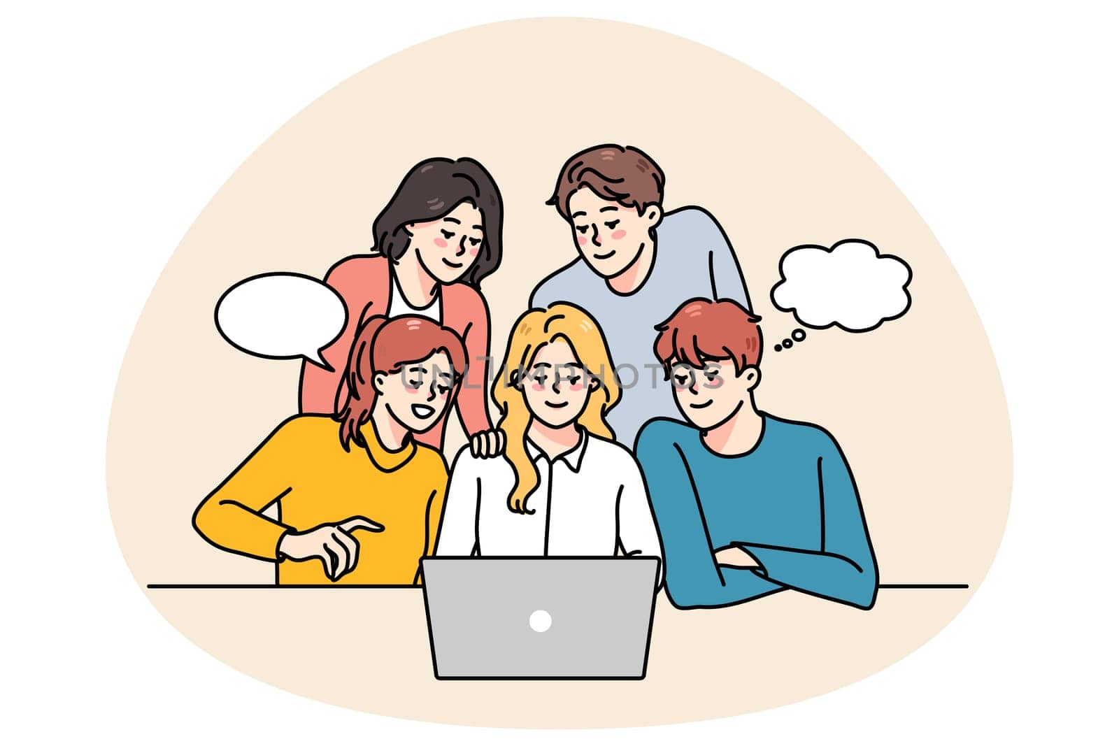 Diverse people group look at laptop screen brainstorm cooperate on project together. Smiling team collaborate work on computer, discussing ideas. Teamwork. Vector illustration.