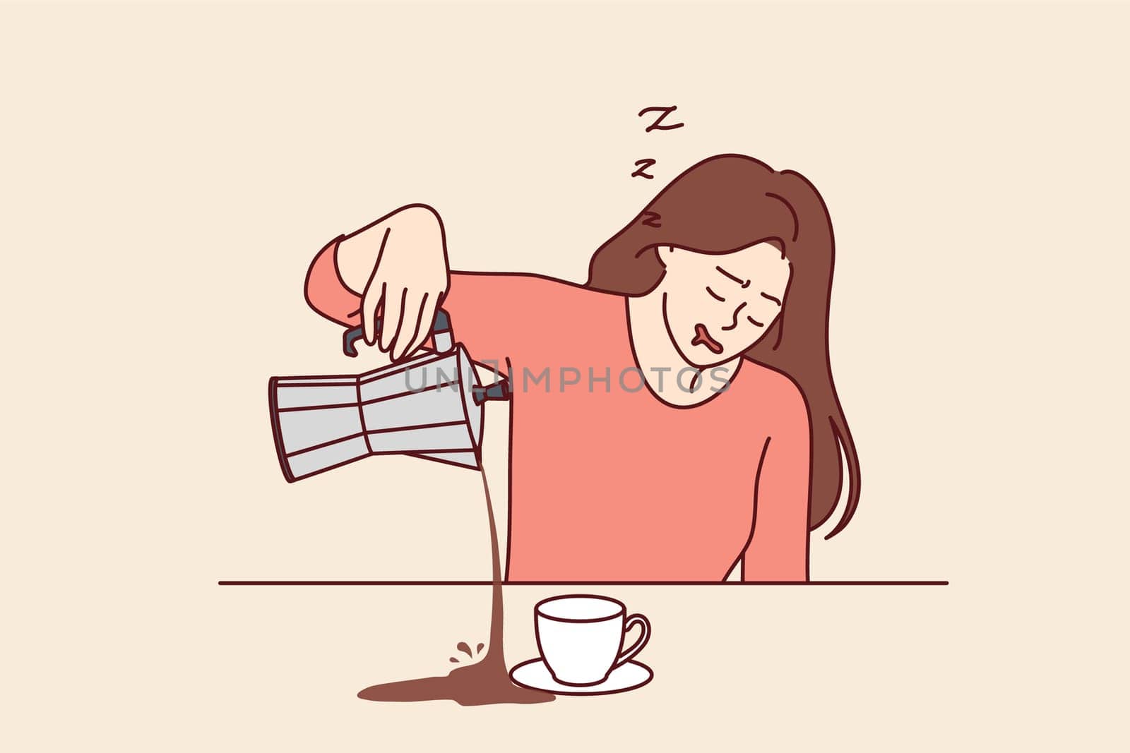 Tired woman spills coffee falling asleep during breakfast and needing vacation due to regular overtime. Sleepy girl suffers from chronic fatigue and needs coffee and caffeinated drinks.