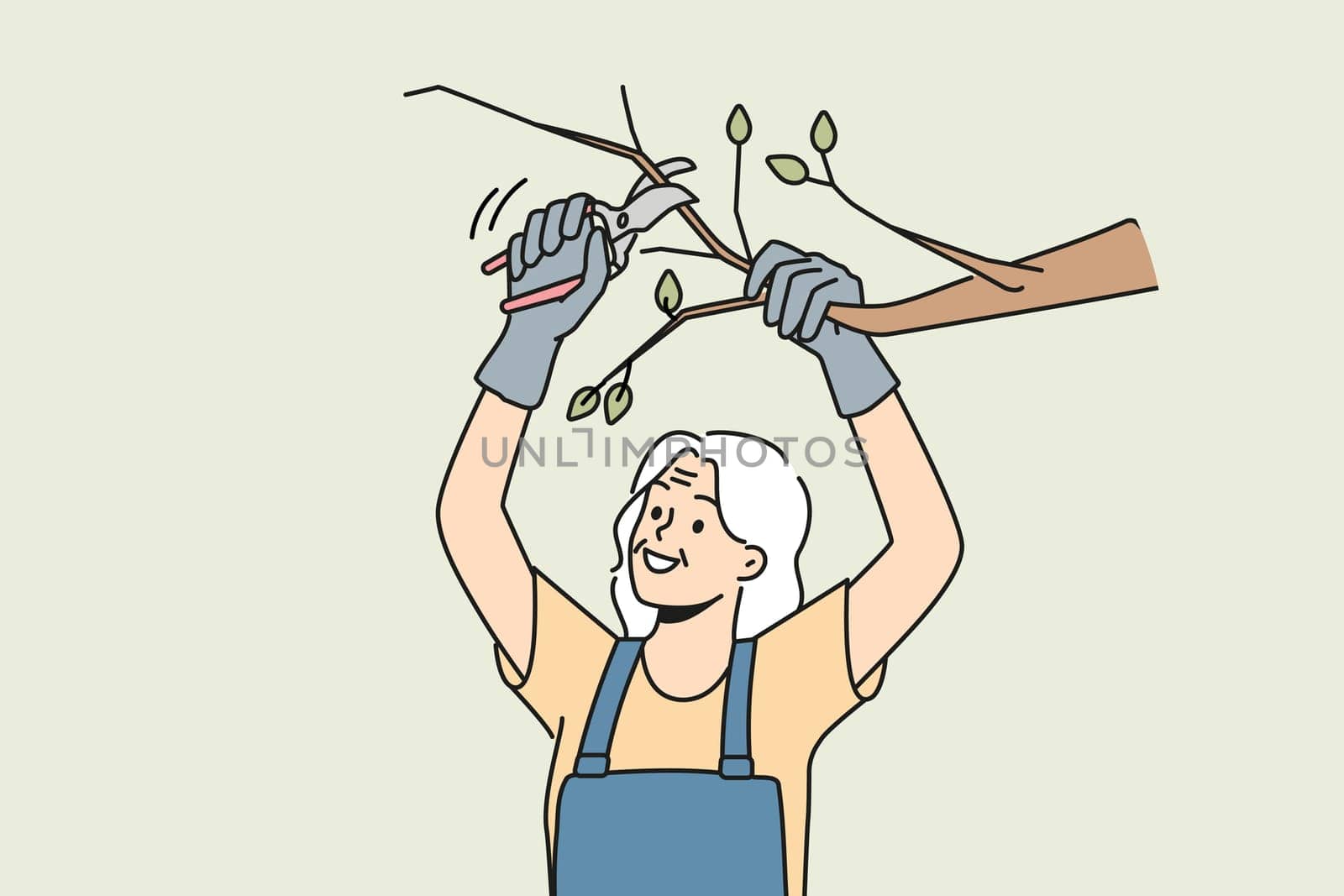 Old woman in uniform cutting branches on tree in garden. Smiling mature pensioner gardening take care of trees. Horticulture and elderly hobby. Vector illustration.