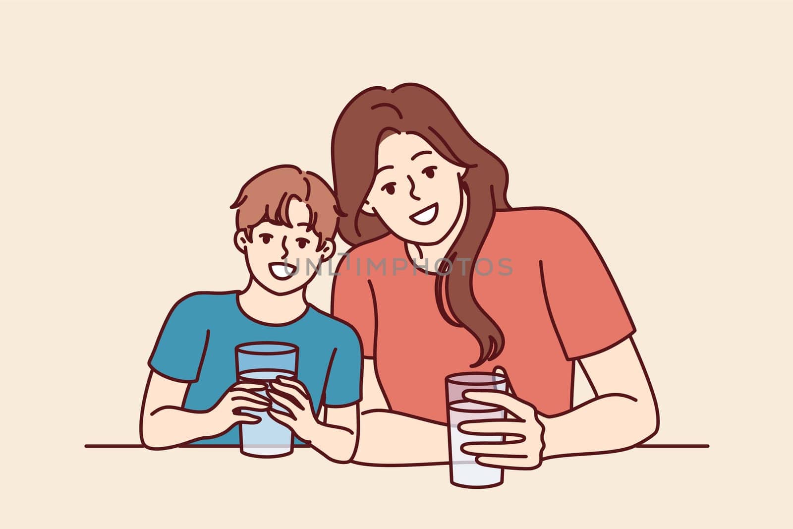 Happy mom and son drink water from transparent glasses and smile enjoying clean refreshing beverage. Positive family with water look at camera together and smile urging to drink more liquid