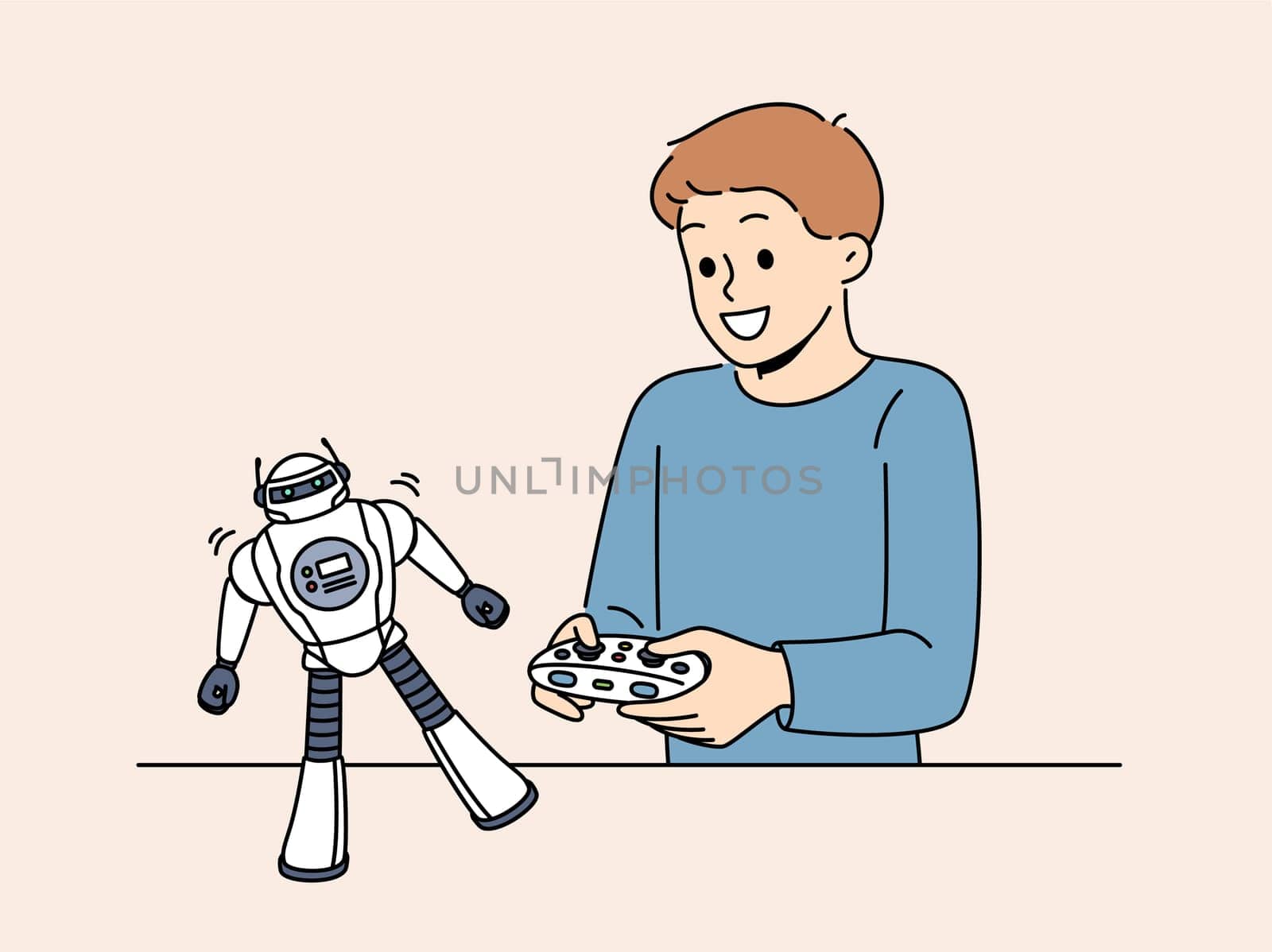 Boy with toy remote controlled robot for concept of learning robotics. Schoolboy is passionate about playing with robot and dreams of becoming engineer or creating cyborgs with artificial intelligence