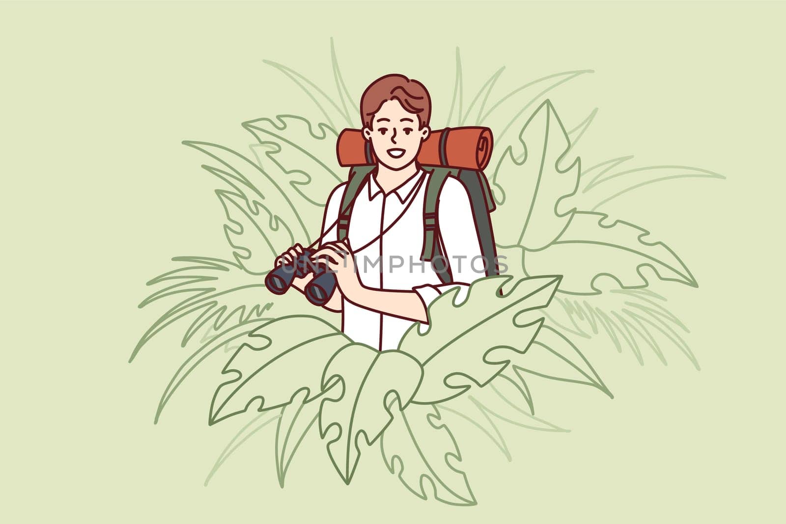 Man traveler stands in thickets of jungle and holds binoculars exploring area in search of further path. Guy traveler with backpack behind back loves adventure and is engaged in hiking