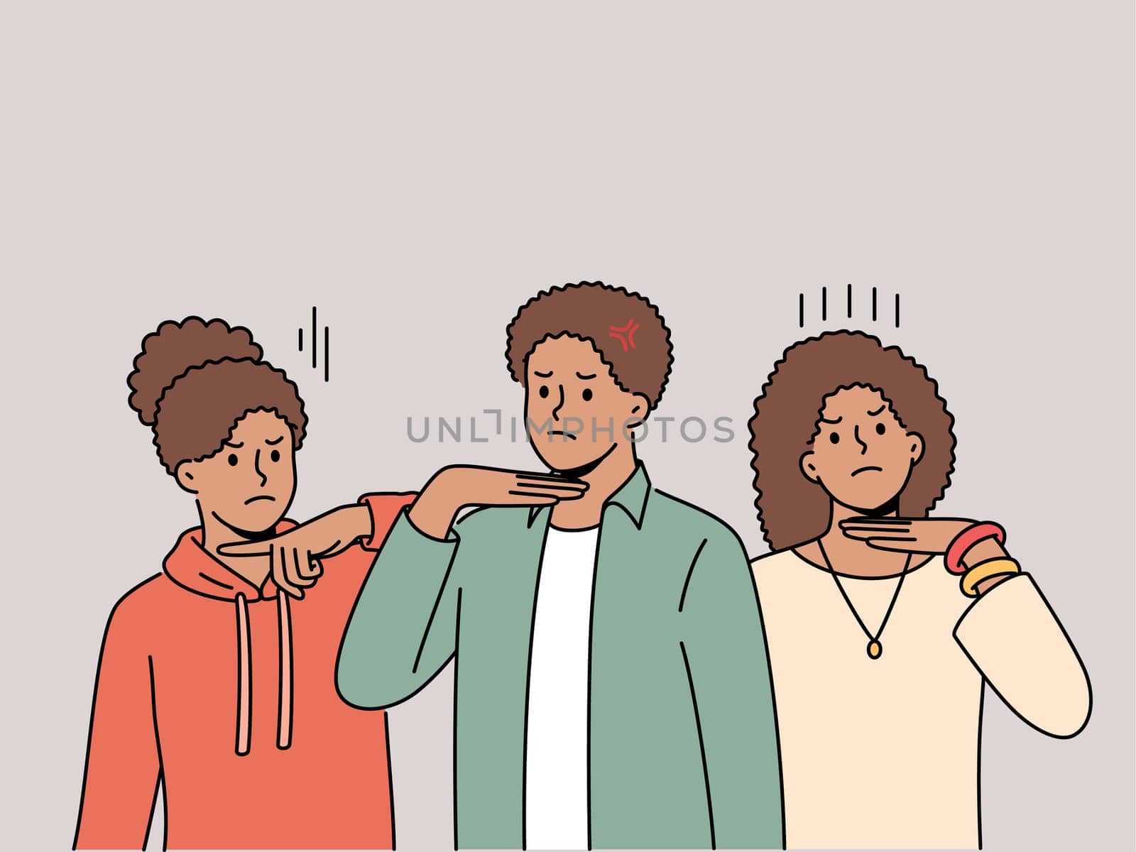 African american people make gesture of knife at throat in protest against discrimination and racism in society. Ethnic teenagers demonstrate indignation at discrimination for national minorities