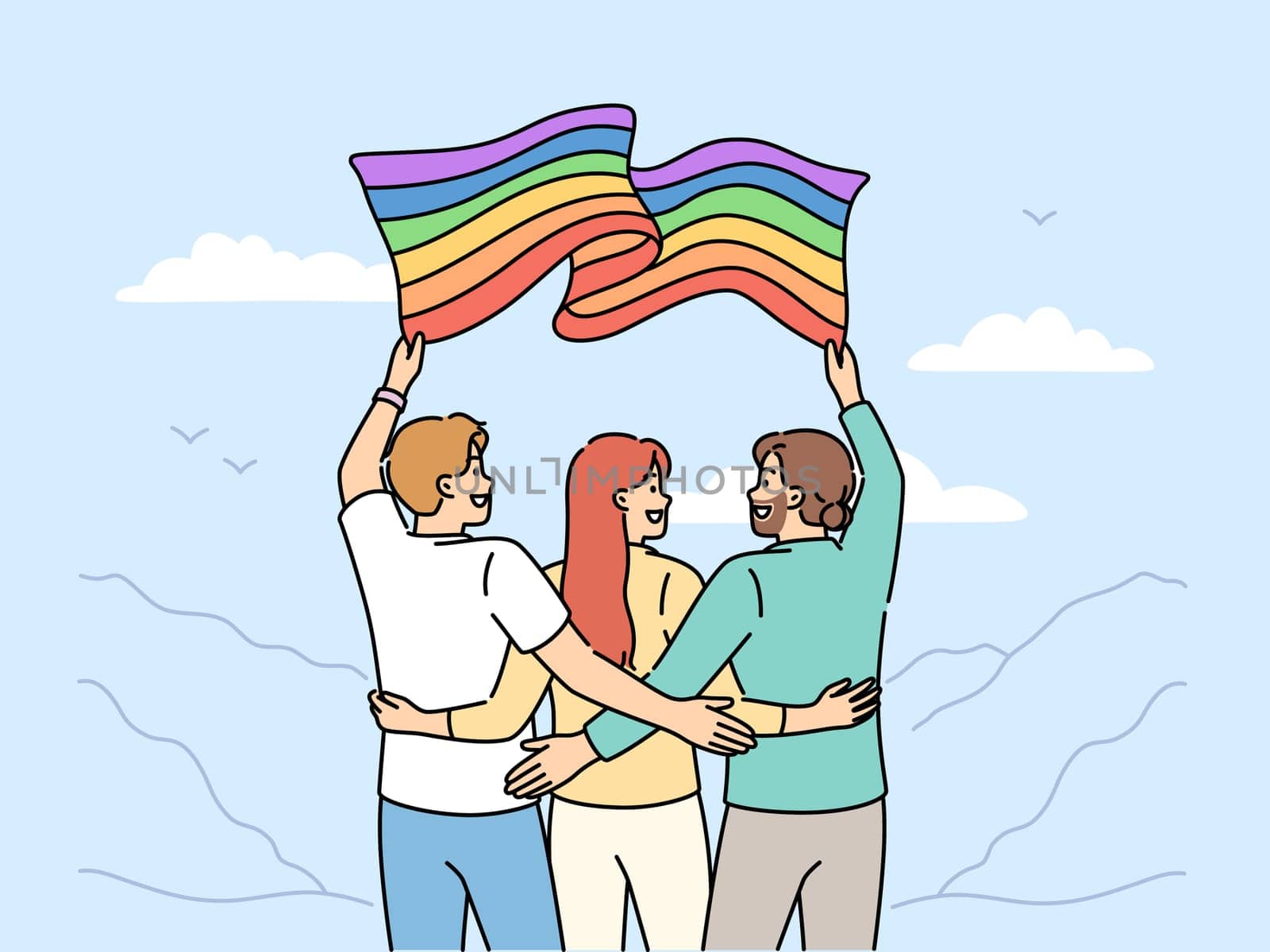 Group of people with LGBT flag travel with pride community and admire beautiful nature. Two man and woman hugging holding lgbt banner calling to be more tolerant towards lesbians or transgenders