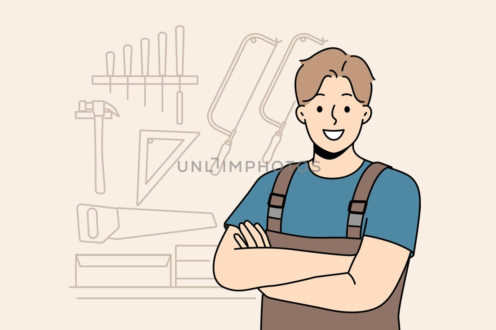 Smiling male carpenter in unform and glasses in workshop. Happy craftsman posing in woodwork workroom. Vector illustration.