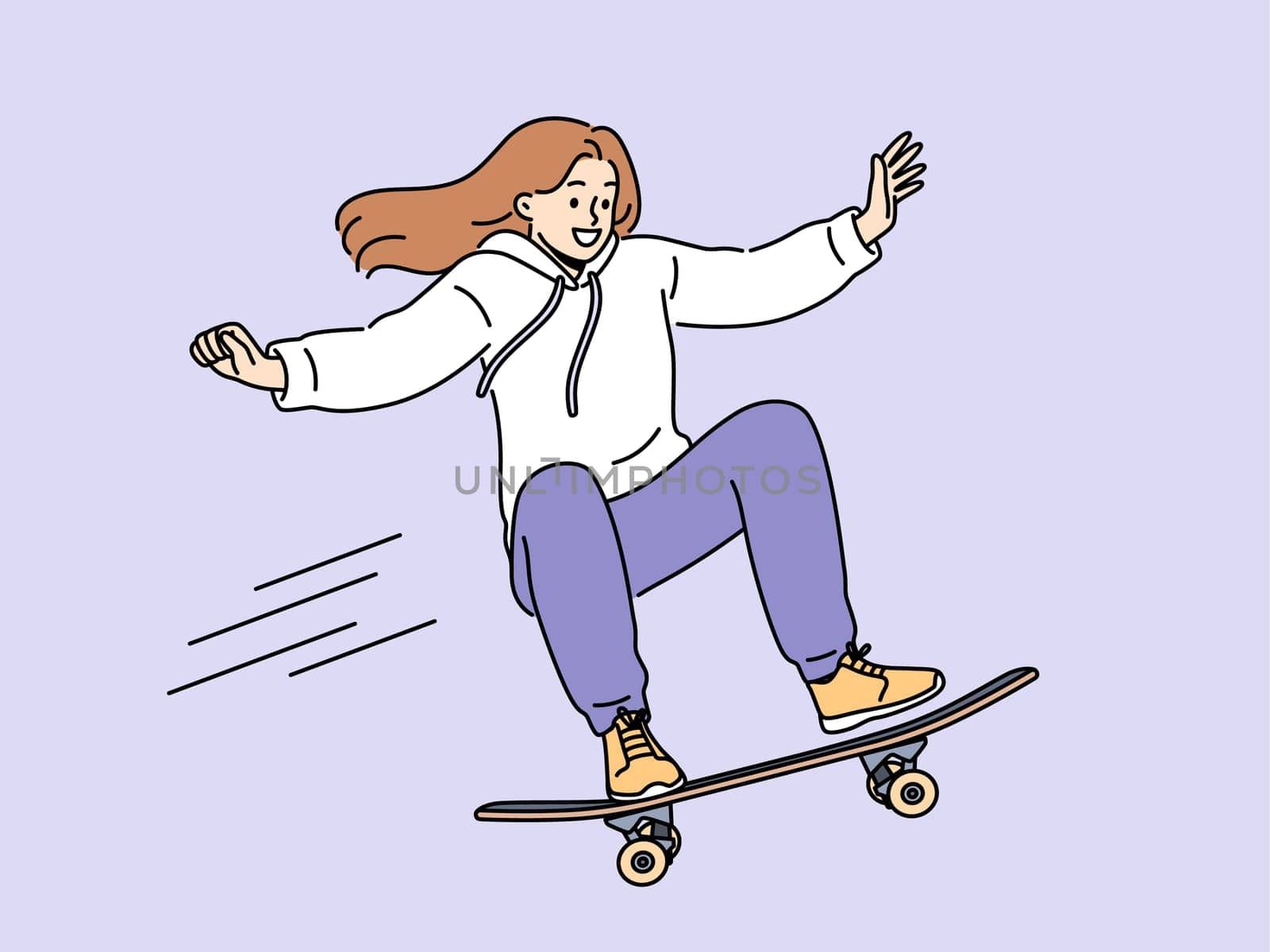 Brave girl skateboarder makes aerial stunt by bouncing on ramp in skatepark. Smiling young woman riding skateboard and enjoying extreme sports wanting to become professional skateboarder