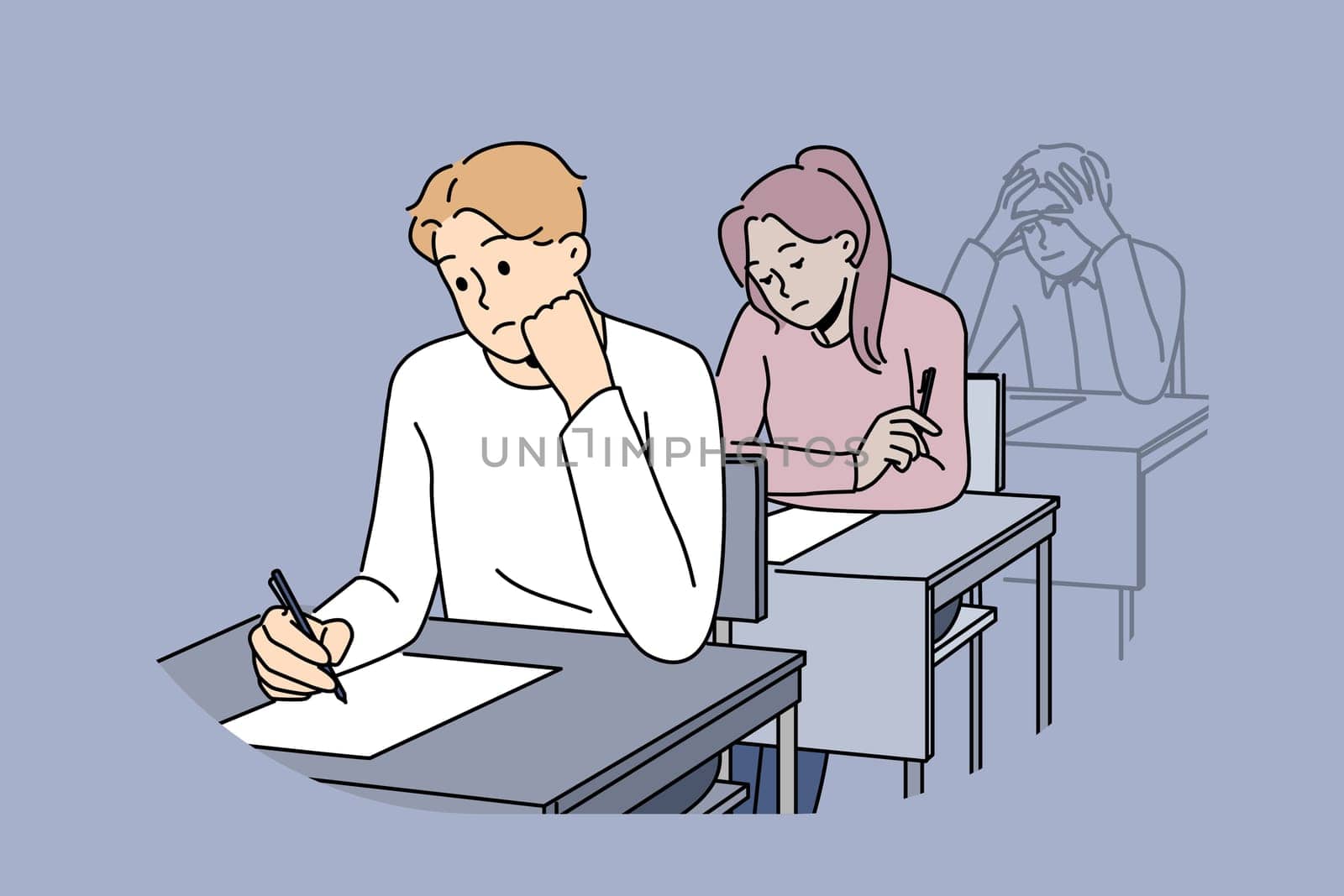 Distressed students sit at desk writing on paper. Unhappy people handwriting on exam or test in classroom. Vector illustration.